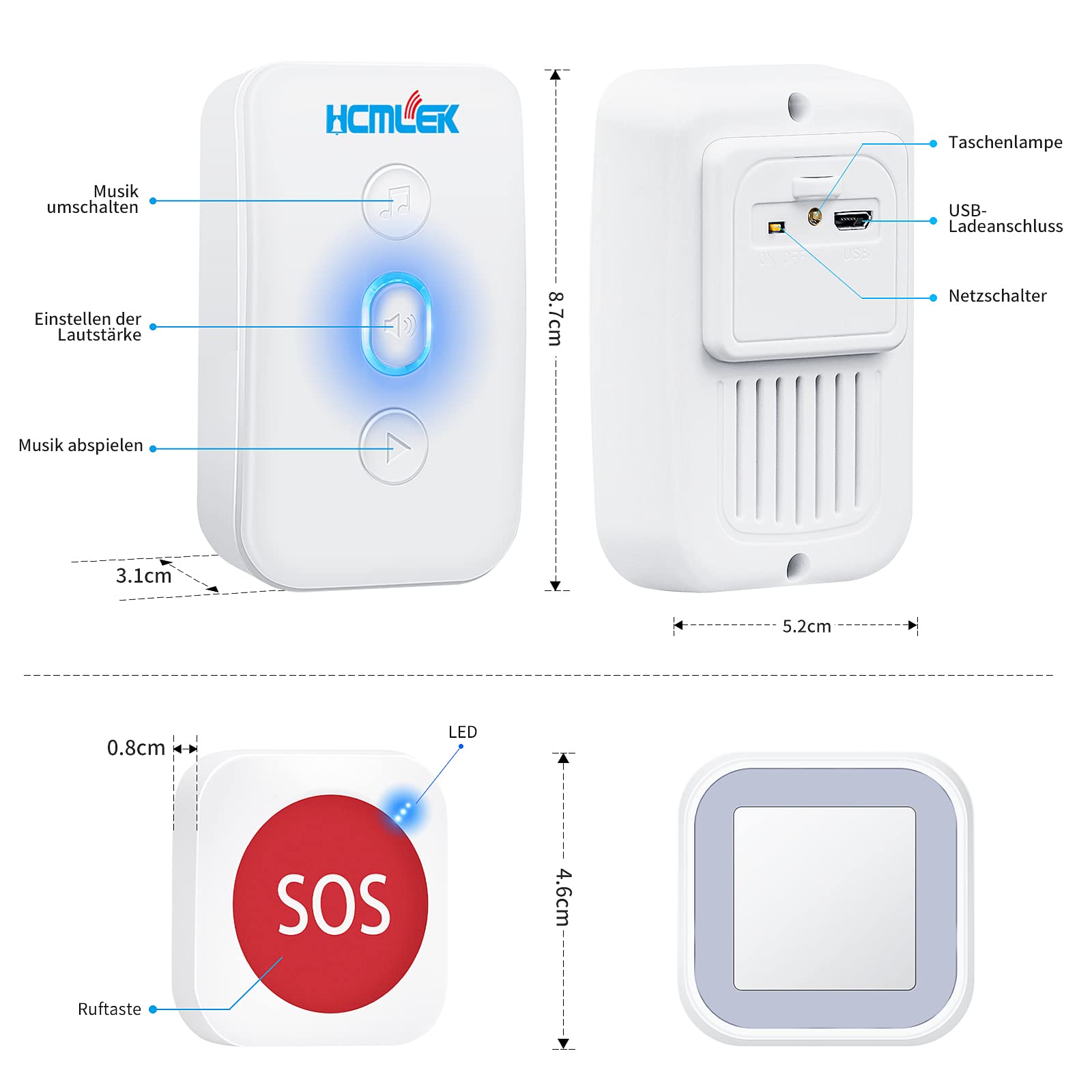 Hcmlek Emergency Call Button for Seniors - Wireless Personal Alarm with Loud Speaker, Fall Detection & Waterproof Design | Home Safety Alert System for Elderly, Disabled & Patients | Perfect for Bedside, Bathroom & Nursing Care