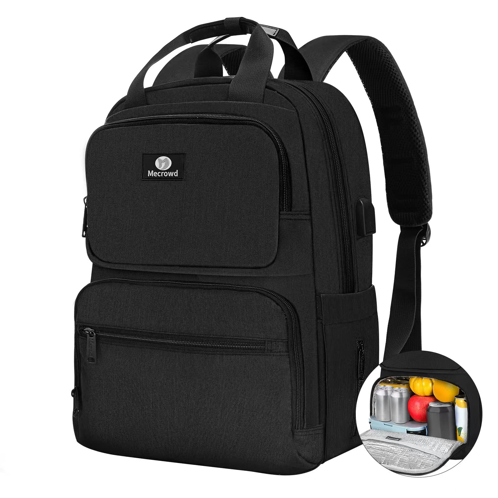 Insulated Lunch Backpack for Women & Men - 15.6 Inch Laptop Cooler Backpack with USB Charging Port, Water Resistant & Leakproof - Perfect for College, Office, Hiking & Travel (Black)
