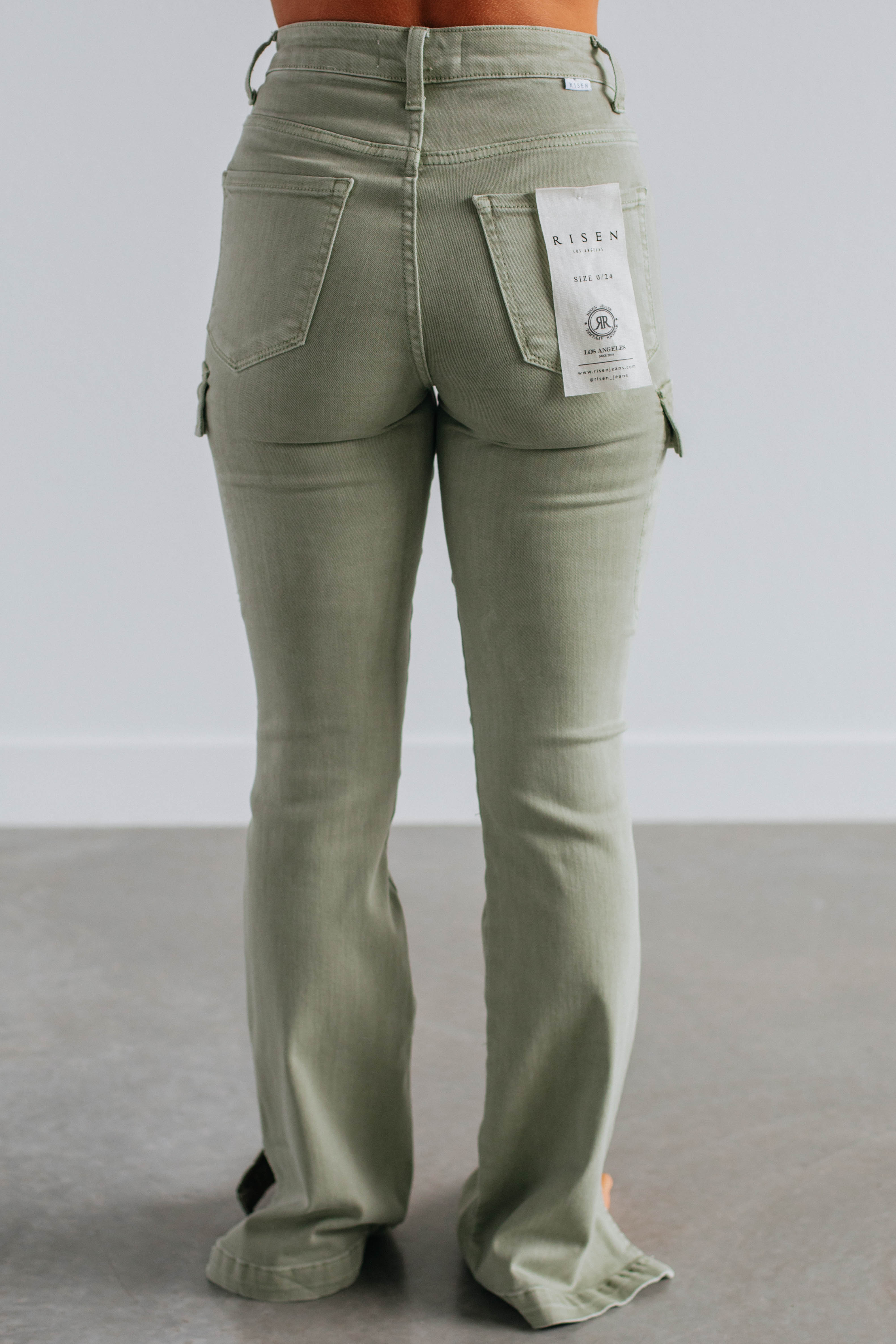 Kayley Risen Cargo Jeans for Women - Sage Green High Waist Utility Pants with Pockets | Outdoor Hiking, Travel & Casual Wear