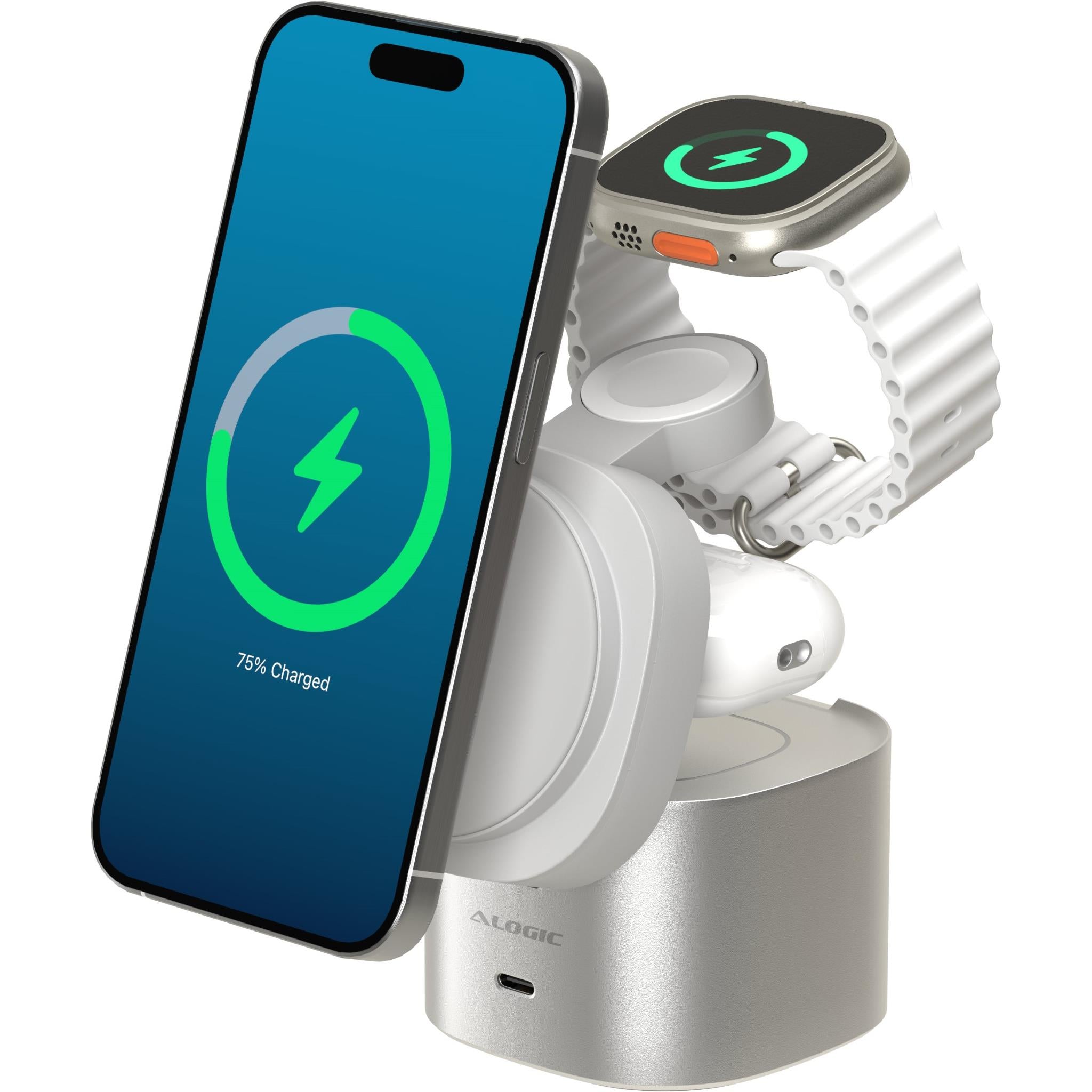 Alogic Powerpod 4-in-1 Qi2 Fast Wireless Charging Stand for iPhone 15/14/13, AirPods, Apple Watch - White | Multi-Device Charging Station for Home, Office & Travel