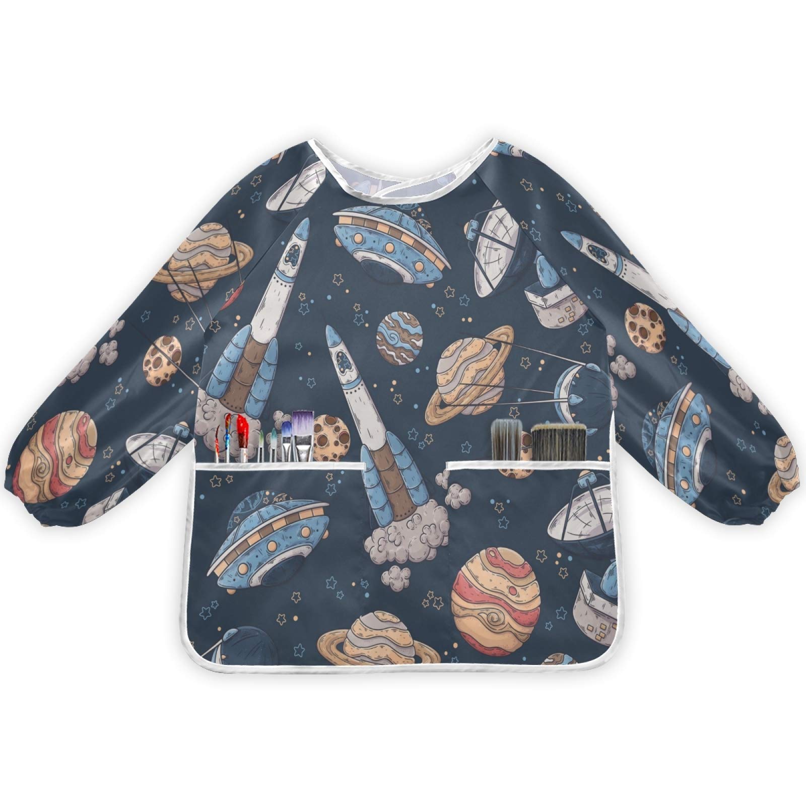 Blueangle Waterproof Kids Art Smock - Long Sleeve Painting Apron with 3 Pockets for Toddlers Ages 2-4 | Spaceship & Planet Design | Perfect for Preschool Art Class, DIY Crafts & Messy Play at Home