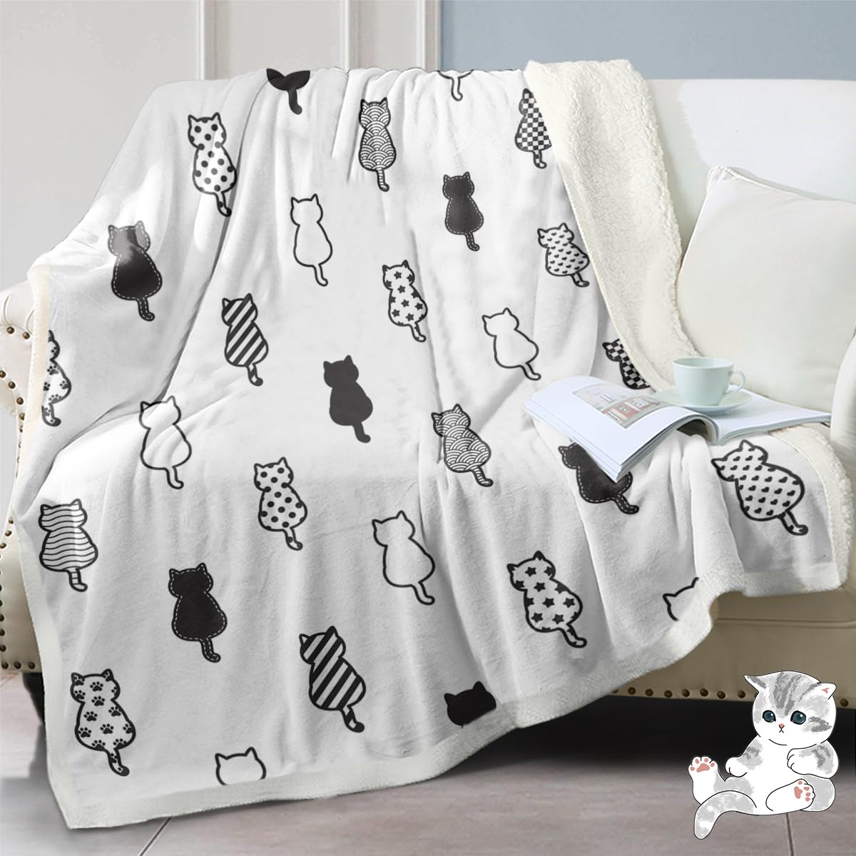 SOULZZZ Soft Fleece Sherpa Cat Blanket - Cozy Plush Throw for Women, Girls & Cat Lovers - 80x60 Inch Black & White Kawaii Kitten Blanket - Perfect for Cuddling, Sofa Lounging & Gift Giving