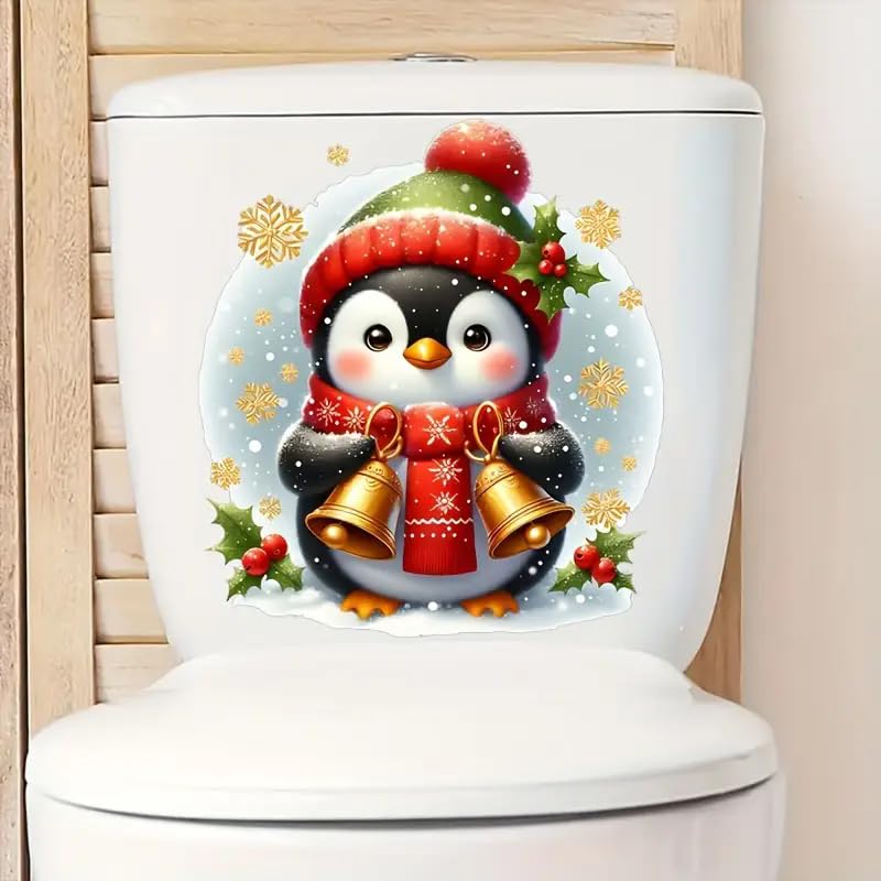 Christmas Penguin Bell Toilet Cover Stickers - Waterproof Self-Adhesive Bathroom Decals for Toilet Lid, Tank & Wall Decor - Fish, Bird, Flower & Leaf Designs - Perfect for Holiday Home Decor & Bathroom Renovation