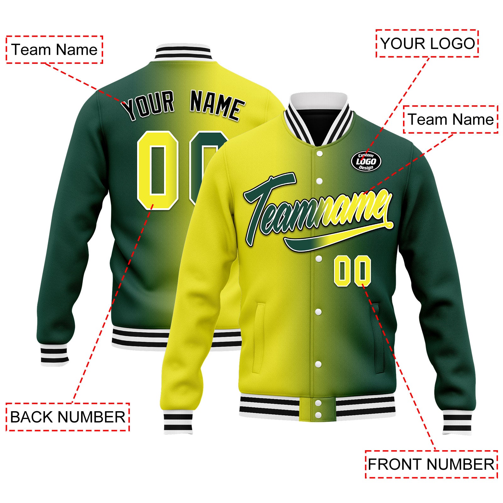 Custom Gradient Fashion Bomber Jacket - Full Snap Varsity Letterman Personalized Coat for Men & Women | Perfect for School Sports, Streetwear & Casual Outfits (Style FZ005 D028015, Size 13)