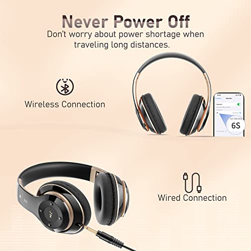 Premium Bluetooth Over-Ear Headphones with 6 EQ Modes, 40H Playtime & HiFi Stereo – Wireless/Wired Foldable Headset with Mic, FM/TF for Phone/PC/Work (Black & Gold) – Perfect for Gaming, Travel & Office Use