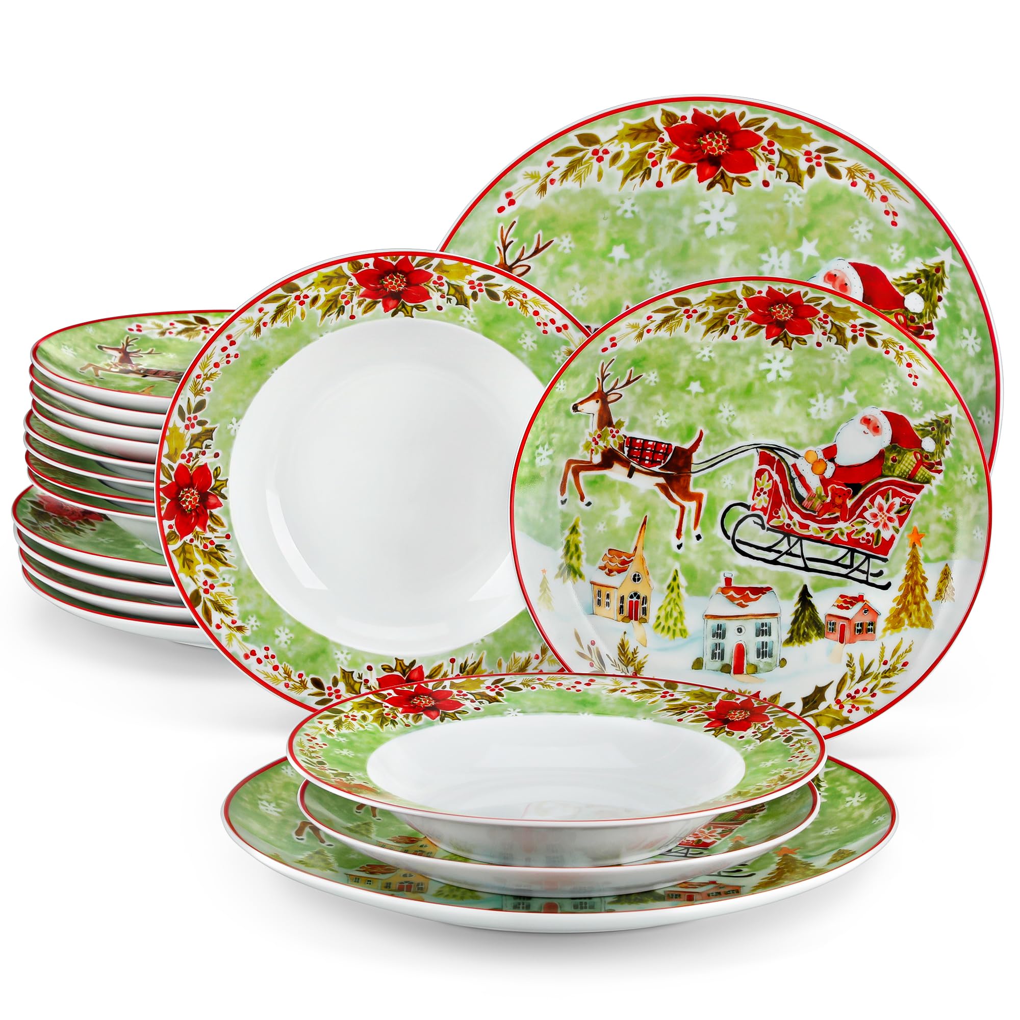 VEWEET 18-Piece Porcelain Christmas Dinnerware Set for 6 - 6 Dinner Plates, 6 Dessert Plates, 6 Soup Plates with Santa & Reindeer Design | Holiday Table Setting, Christmas Party, Festive Family Dinner