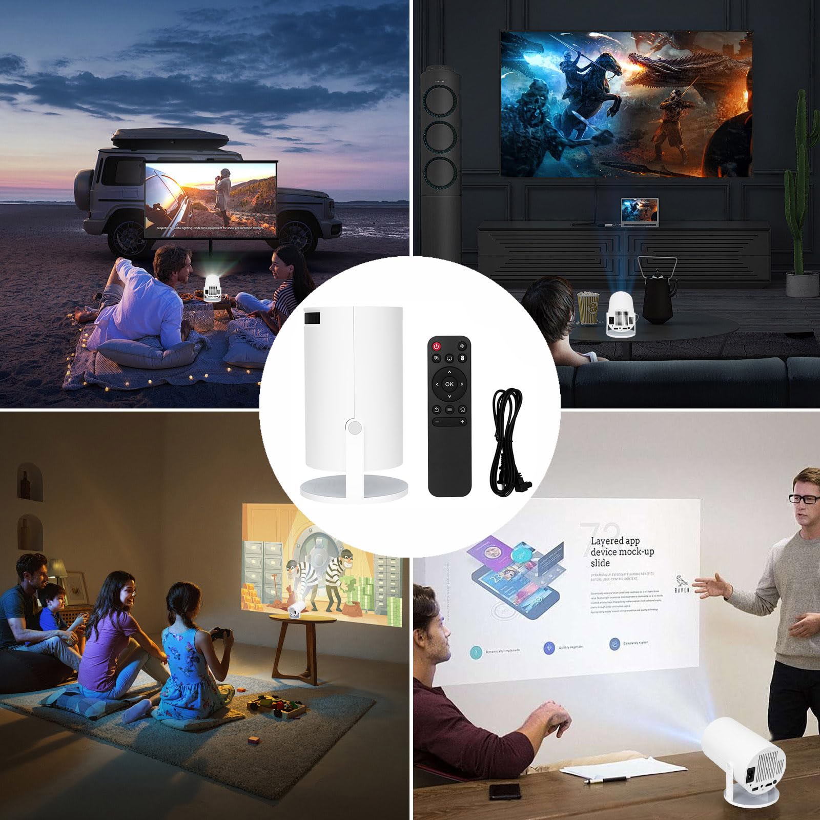 4K Portable Mini Projector with WiFi & Bluetooth - Auto Keystone, HD Projector for Outdoor Movies, Home Theater & Gaming - Compatible with Android, iPhone, Laptop, TV, Fire Stick via HDMI/USB/AV