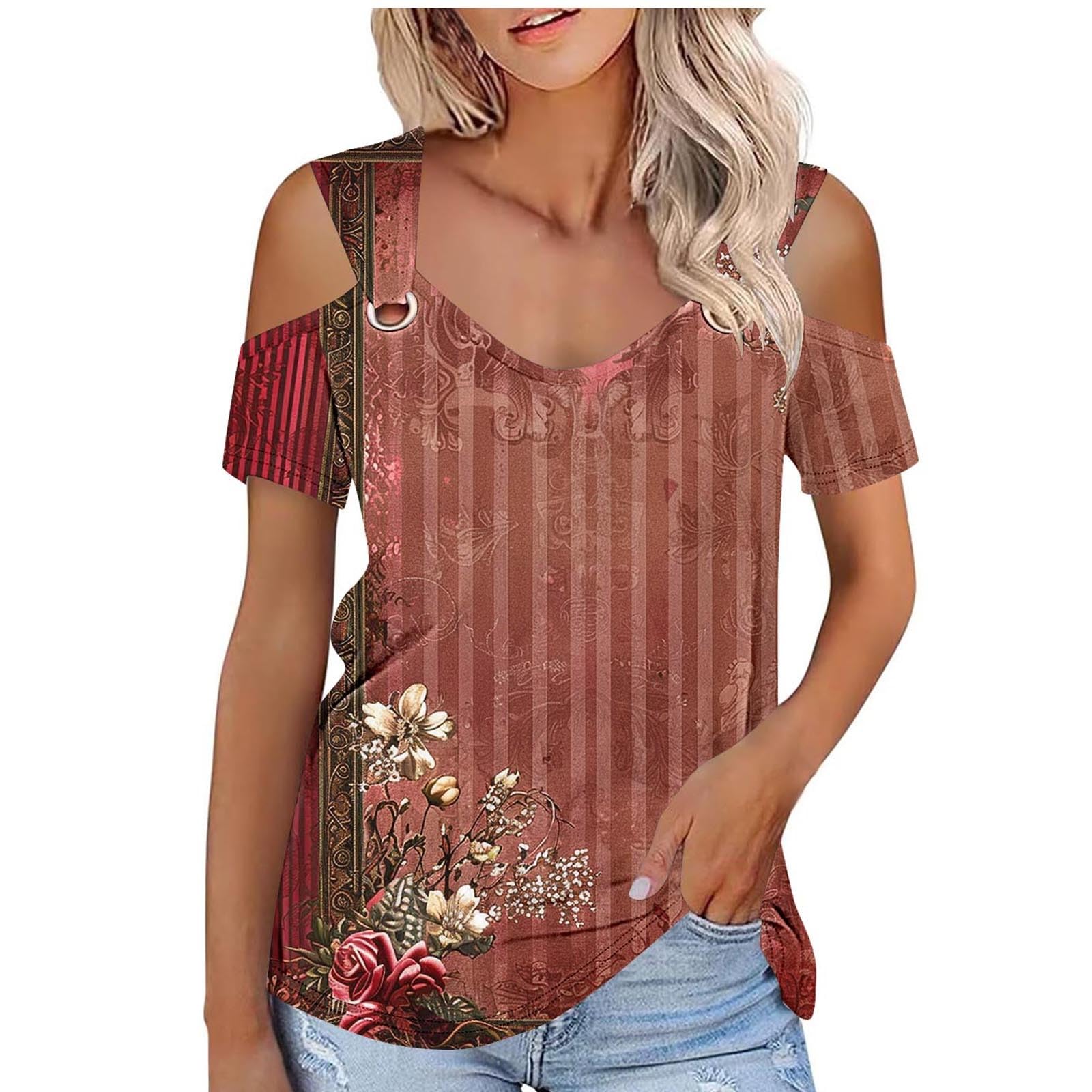 Plus Size Women's Floral Cold Shoulder Blouse - Casual Short Sleeve Tunic Top for Summer | Trendy Sexy Flowy Shirt for Beach, Vacation & Date Nights