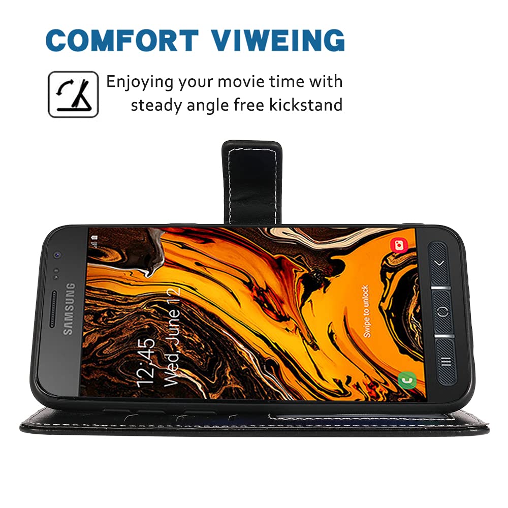 Samsung Galaxy Xcover 4 Wallet Case with Wrist Strap & Lanyard - Leather Flip Cover with Card Holder & Stand - Compatible with Galaxy Xcover 4/4S - Perfect for Work, Travel & Outdoor Activities (Black)