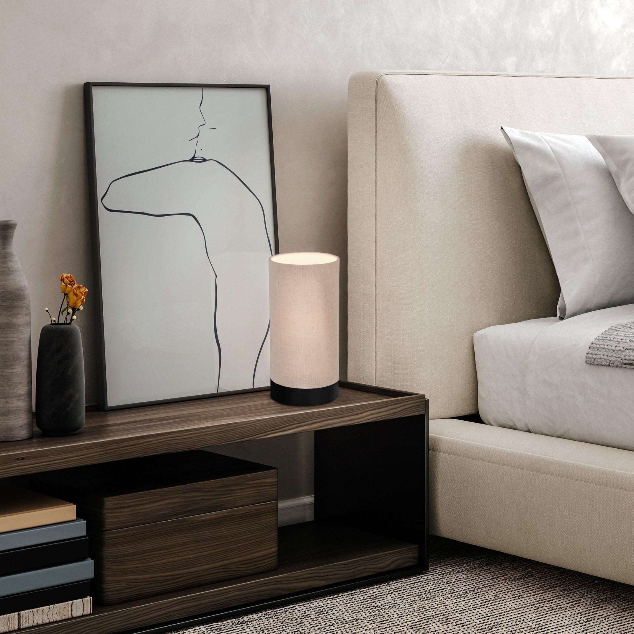 Eglo Feniglia Modern Cylinder Linen Table Lamp - Bedside Nightstand Lighting for Bedroom, Living Room & Office Decor
