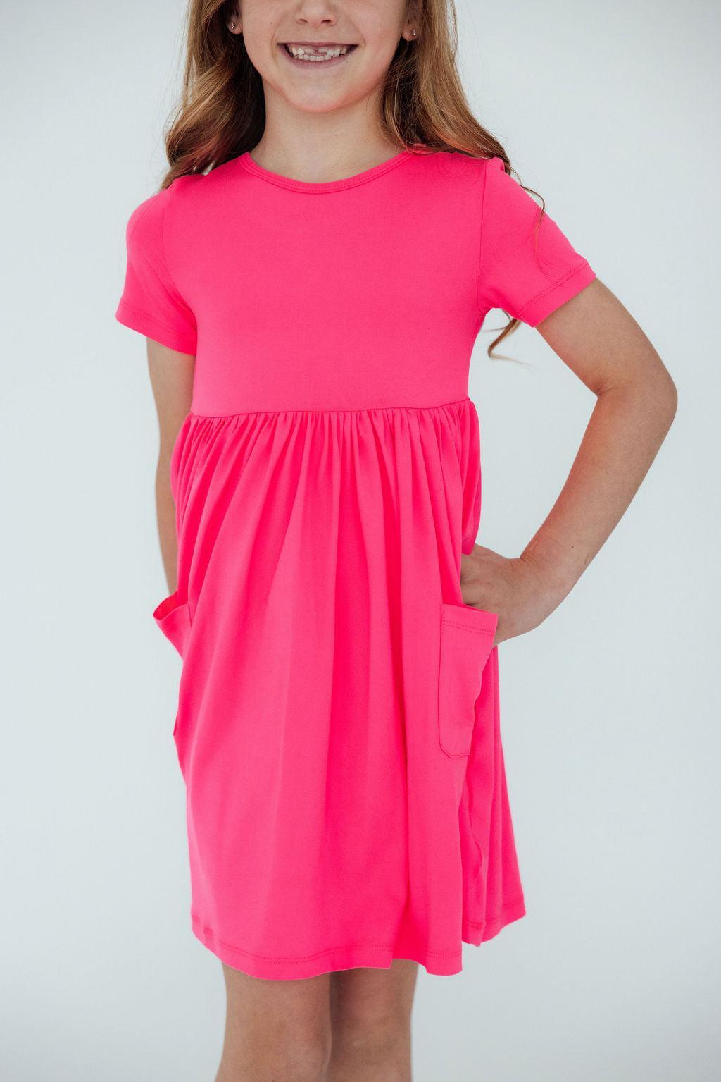 Neon Pink Short Sleeve Pocket Twirl Dress for Women - Flowy Summer Party Dress with Pockets for Dancing, Date Night, and Beach Outings