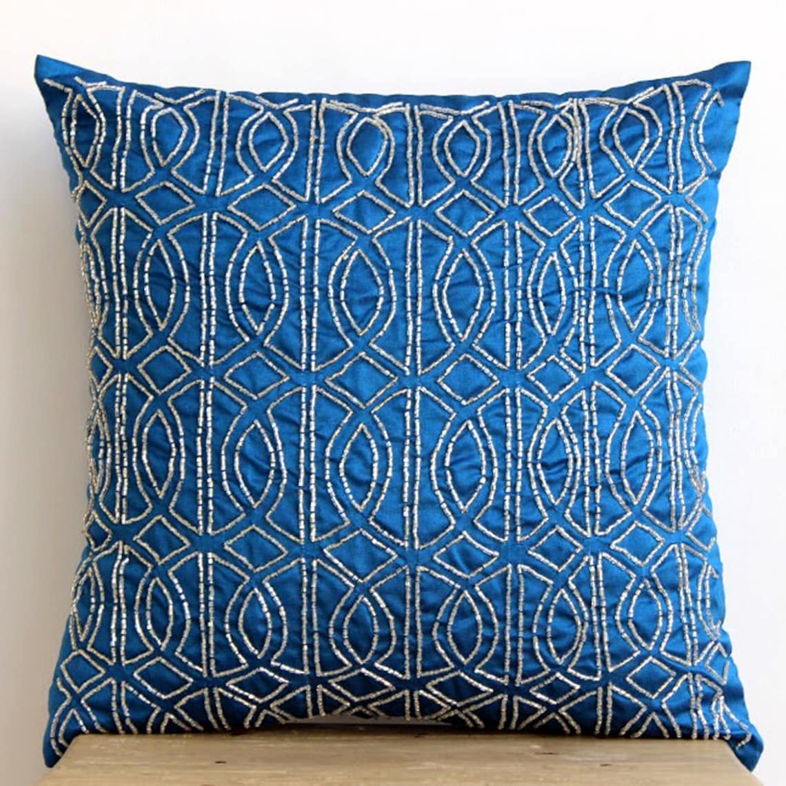 Royal Blue Silk Decorative Pillow Covers 16x16 inch (40x40 cm) - Geometric Trellis Lattice Design with Beaded Zipper Closure for Sofa, Couch, Bedroom & Living Room Decor