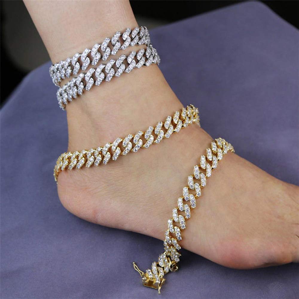 Kelistom Cuban Link Iced Out Rhinestone Anklet - 18K Gold & White Gold Plated Punk Hip-Hop Ankle Bracelet for Women | Perfect for Parties, Concerts & Streetwear Fashion