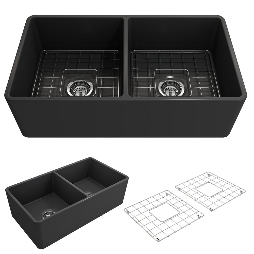 Bocchi Classico Farmhouse Apron Front Fireclay 33-Inch Double Bowl Kitchen Sink - 9 Color Options | Perfect for Rustic & Modern Farmhouse Kitchens