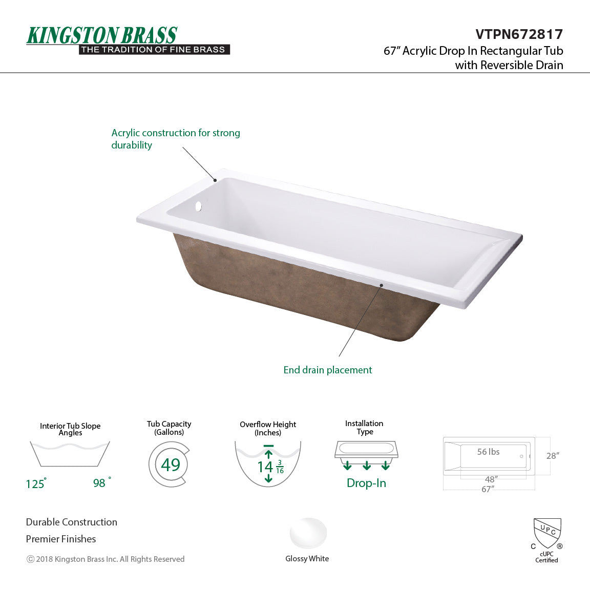 Aqua Eden 67-Inch Acrylic Drop-In Bathtub with Reversible Drain - Glossy White Rectangular Soaking Tub for Modern Bathrooms | Spa-Like Relaxation at Home