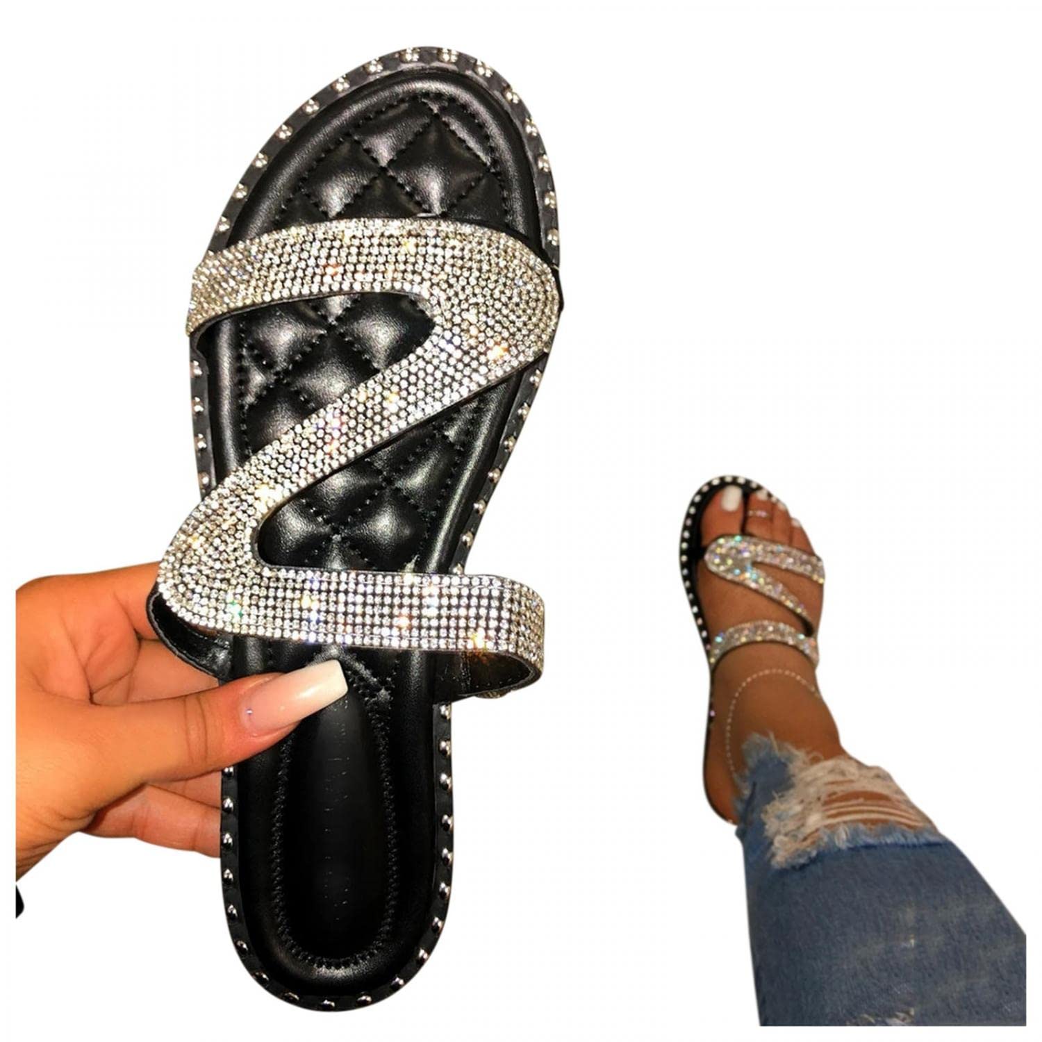 Women's Comfortable Glitter Bling Sandals - Slip On Open Toe Sparkle Slides for Summer Beach, Pool Party & Casual Outings