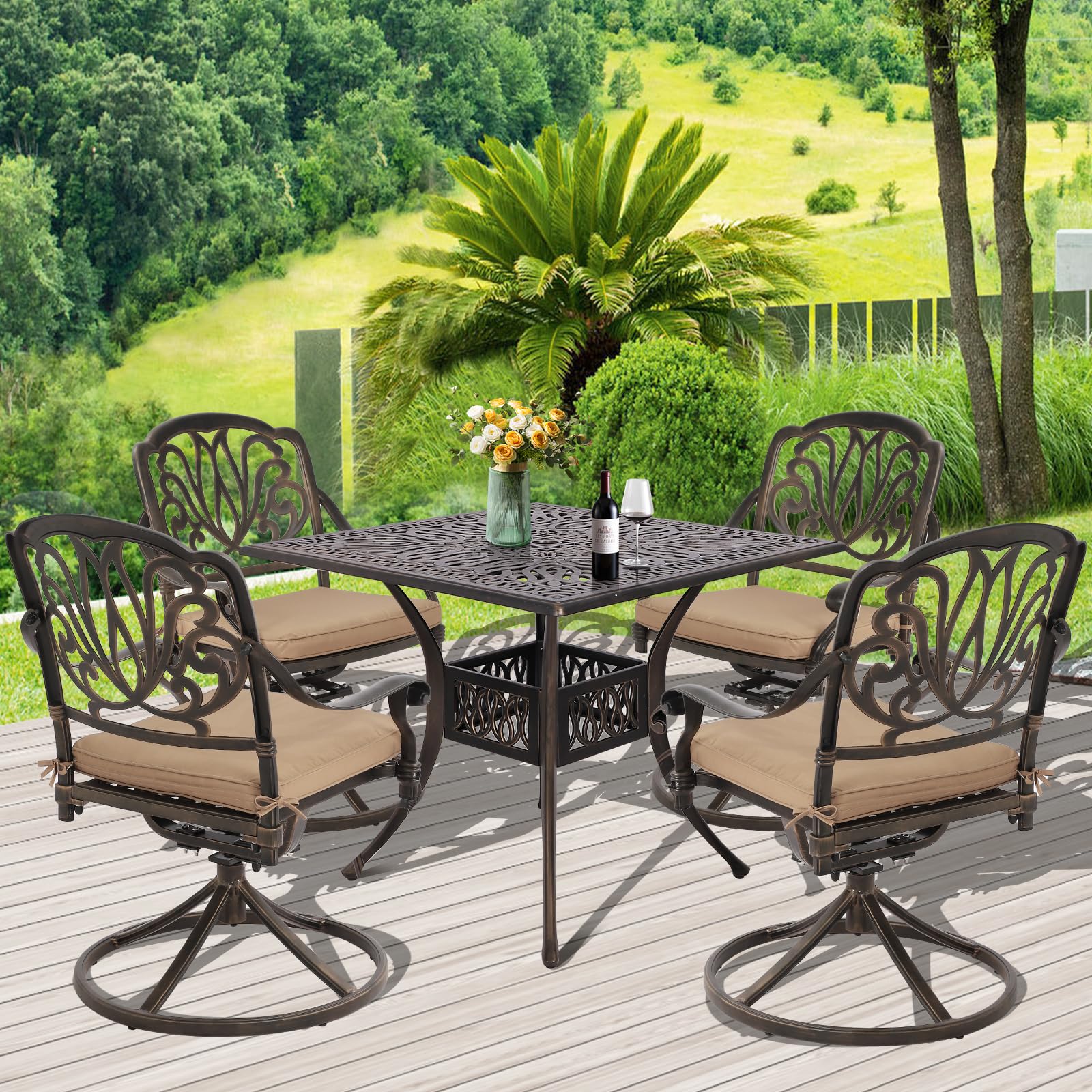 Grepatio 5-Piece Cast Aluminum Outdoor Dining Set with 4 Swivel Rocker Chairs & 35.4