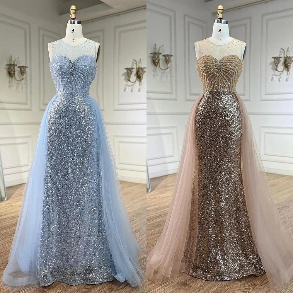 Sparkling Crystal Gold Evening Gown with Detachable Overskirt LA72588 - Elegant Prom Dress for Formal Events & Wedding Parties