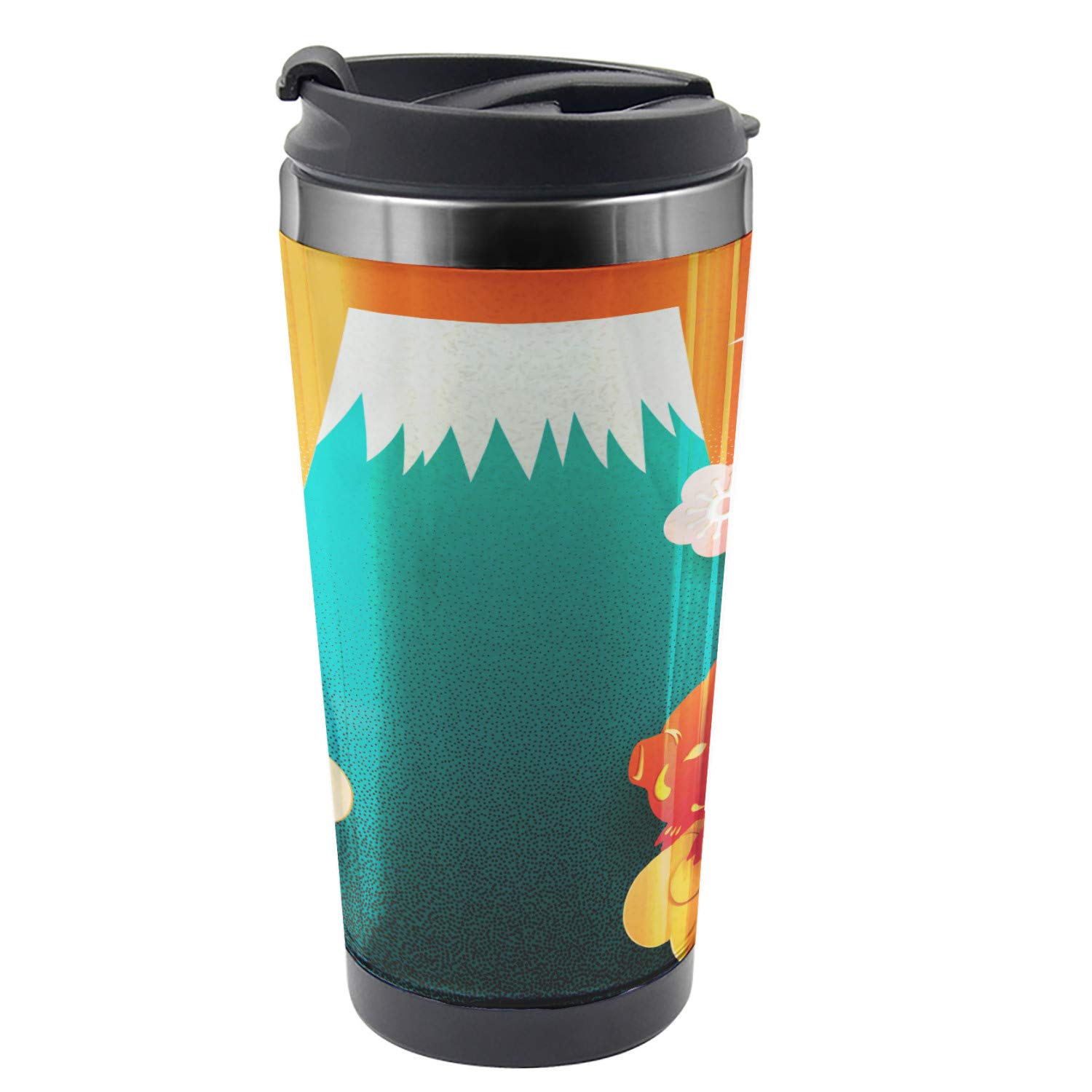 Ambesonne Japanese Travel Mug - 16 oz Stainless Steel Thermal Cup with Folkloric Doodle Design, Multicolor - Perfect for Coffee, Tea & Hot Beverages On The Go, Office, Travel & Outdoor Adventures
