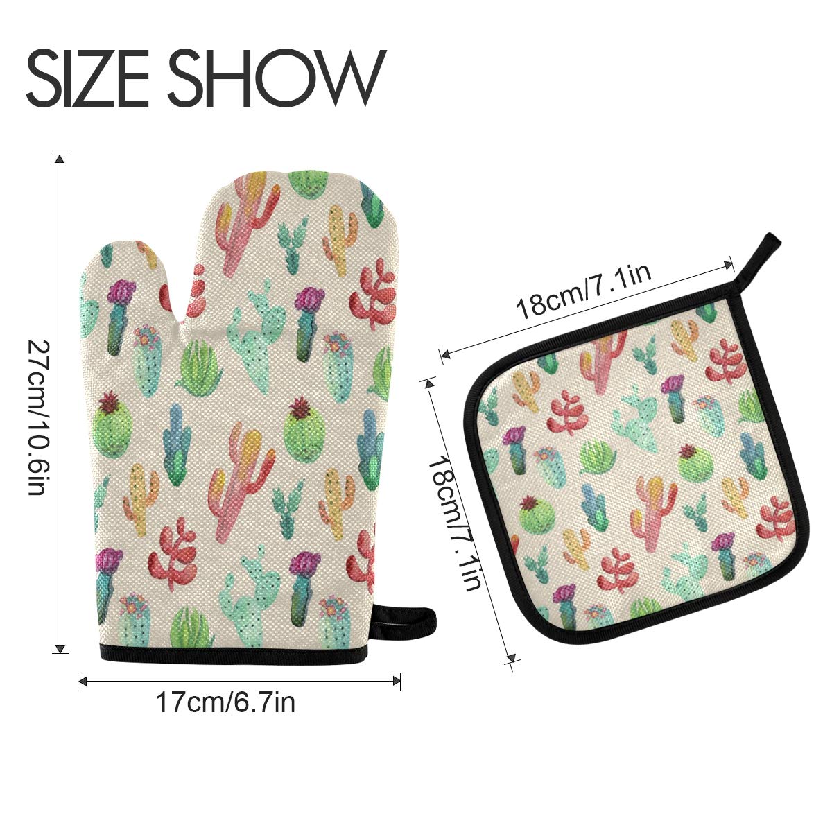 ALAZA Cartoon Cactus Oven Mitts & Pot Holders Set - Heat Resistant Kitchen Gloves for Cooking, Baking, Grilling - Perfect for BBQ, Baking Cookies & Protecting Hands from Hot Pans