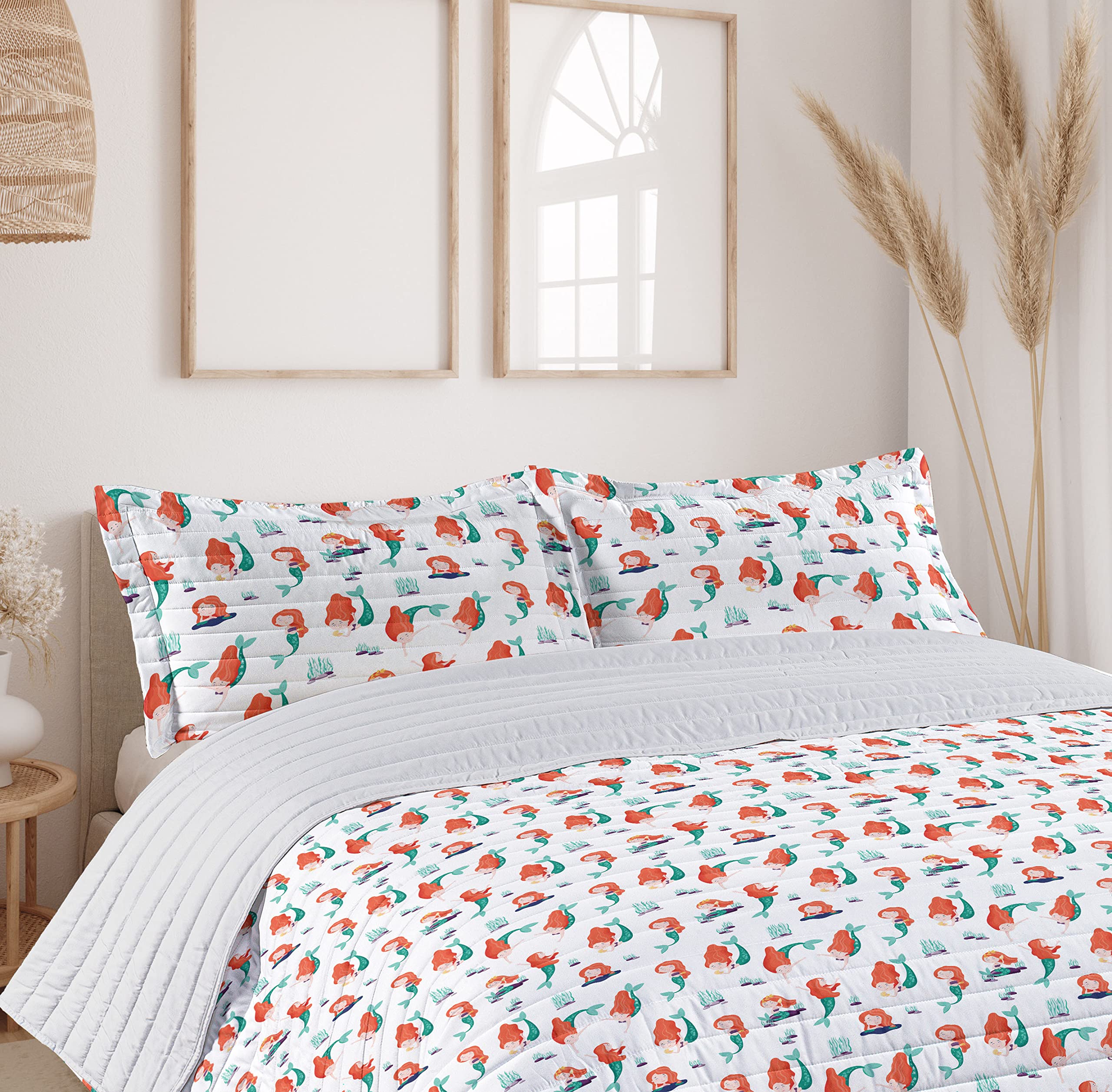 Ambesonne King Size Mermaid Bedspread Set - Soft Microfiber Ocean Creature Girls Cartoon Design with Pillow Shams & Comforter in Burnt Sienna Seafoam | Perfect for Kids' Bedrooms, Beach Themed Decor, and Fantasy Room Makeovers