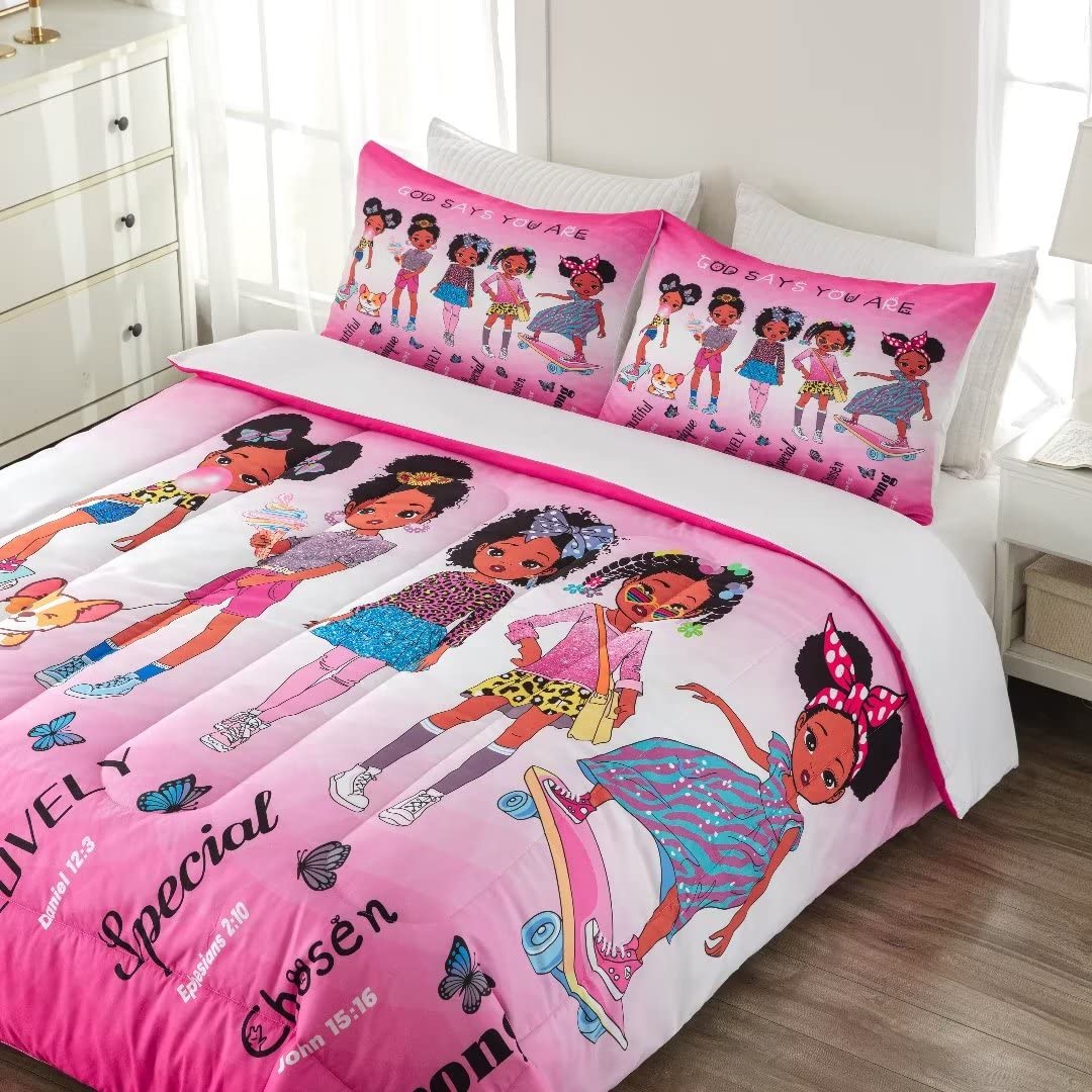 Black Girl Magic Comforter Set Queen Size for Kids & Teens - African American Inspirational Bedding Set with Motivational Quotes | Perfect for Toddler Rooms, Teen Bedrooms & Princess Themed Decor