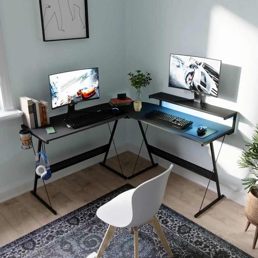 Bestier 65 Inch L-Shaped Gaming Desk with Cup Holder & Power Outlet - Ergonomic Computer Desk for PC Gamers & Home Office Workstation - Perfect for Small Spaces & Multi-Monitor Setups