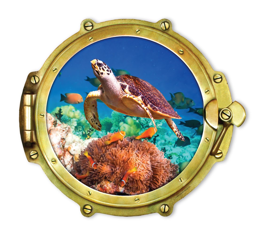 Peel & Stick Porthole Wall Decal - Sea Turtle Swimming with Fish Sticker (12x10.5 Inch) - Perfect for Kids' Room, Nursery, Bathroom & Ocean-Themed Decor
