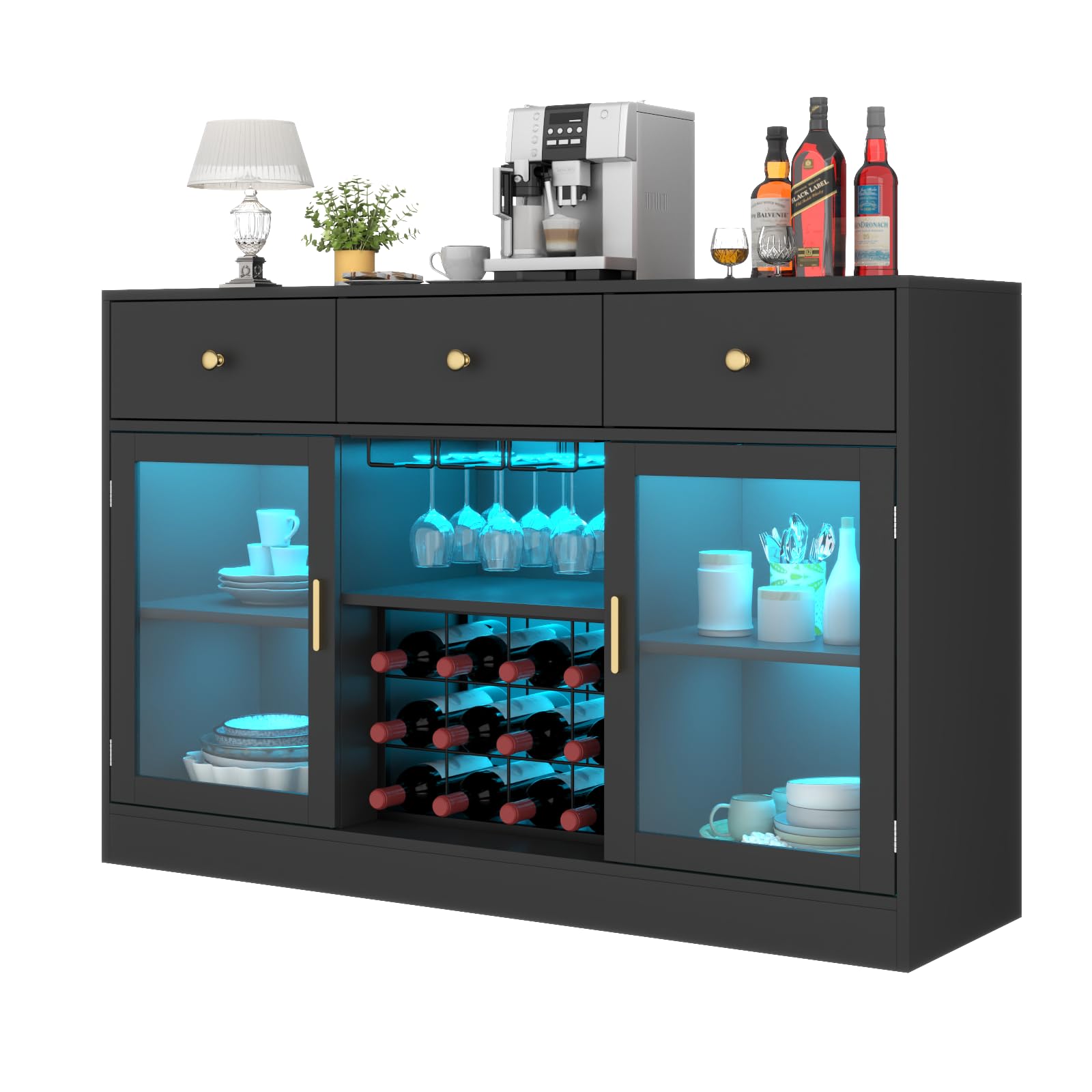 Modern LED Wine Bar Cabinet with Glass Rack & Storage Drawers - Kitchen Buffet Sideboard for Living Room, Dining Room | Perfect for Home Entertaining, Coffee Station & Liquor Display (Black)