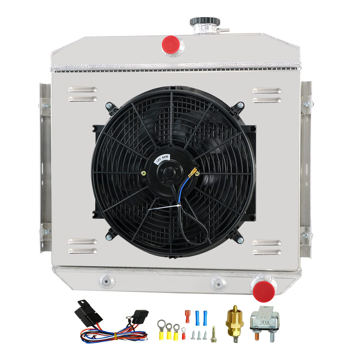 1955-1957 Chevy Bel Air Radiator - 3 Row Aluminum Cooling System with Shroud, Fan & Thermostat Relay Kit - Compatible with Chevy Bel-Air, Del Ray, 150 & 210 L6 Models - Perfect for Classic Car Restoration & Hot Rod Upgrades
