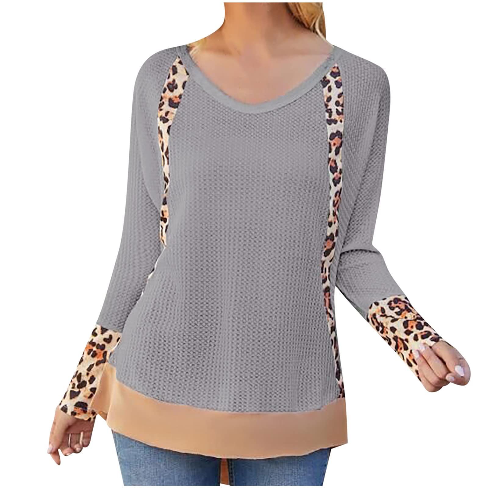 Women's Casual Leopard Print Patchwork Blouse - Long Sleeve Crewneck Waffle Pullover Shirt - Loose Fit Tunic Top for Work, Date Night & Everyday Wear