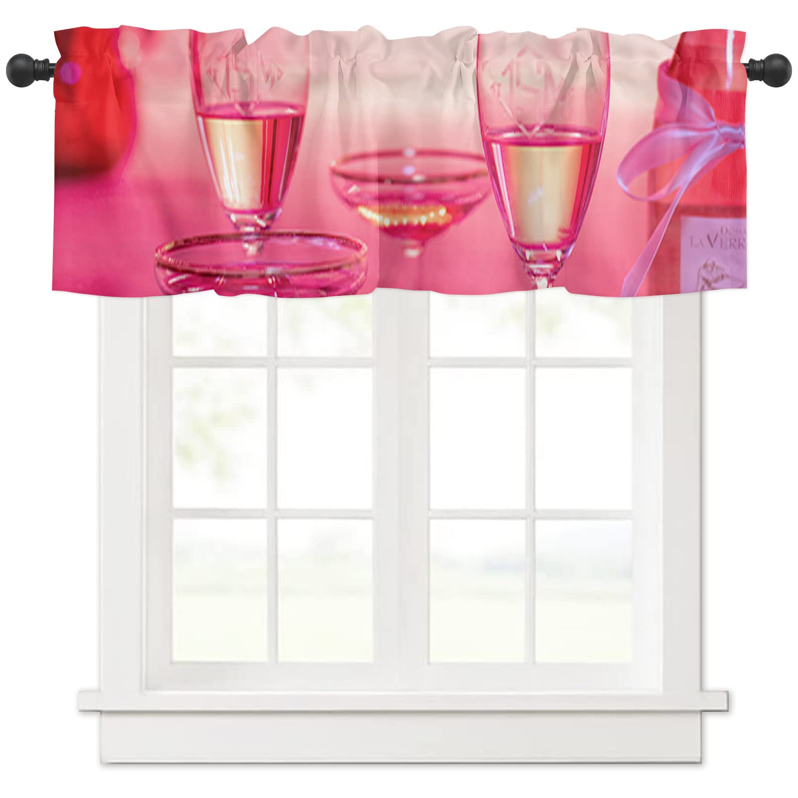 Valentine's Day Pink Wine Bottle Glass Flower Window Valance Curtain - 54x18 Inch Rod Pocket Cafe Valance for Kitchen, Bedroom & Living Room - Romantic Home Decor for Valentine's, Weddings & Special Occasions