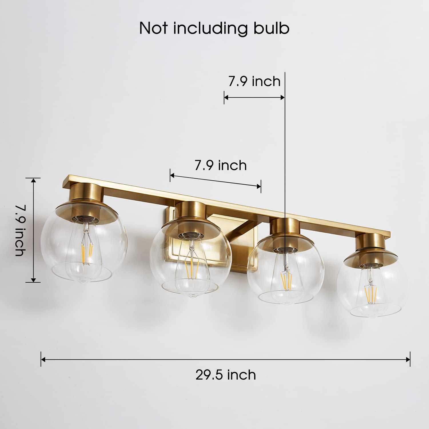 PAZALA Brushed Brass Bathroom Light Fixture - 4-Light Vanity Wall Sconce with Globe Glass Shade, E26 Base - Modern Over Mirror Lighting for Bathroom, Bedroom & Hallway - Dimmable Vanity Lights for Makeup, Shaving & Ambient Lighting