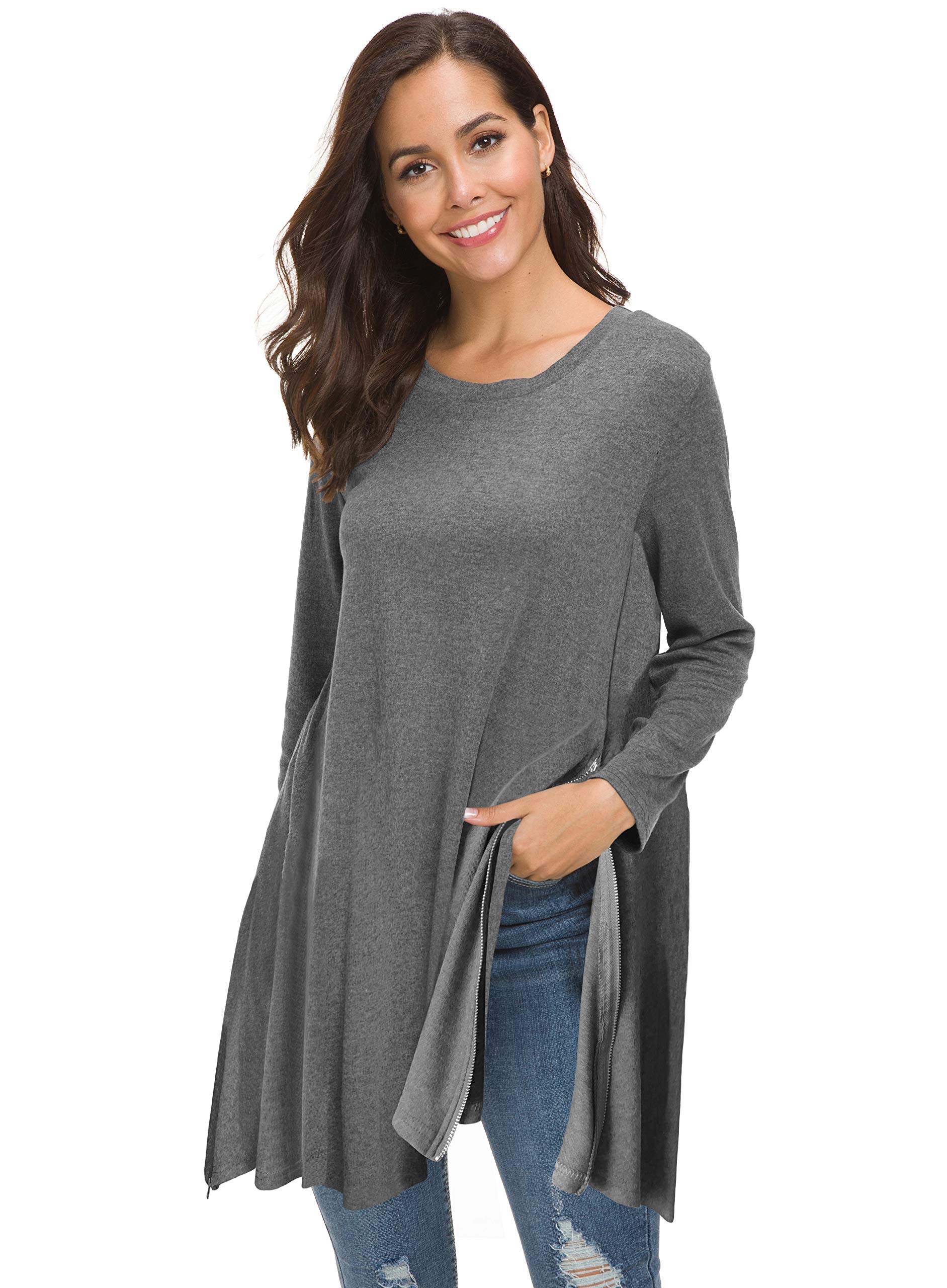 Afibi Women's Long Sleeve Tunic Tops - Side Split Loose Blouse for Leggings | Casual Fall Outfits, Workwear & Yoga Comfort