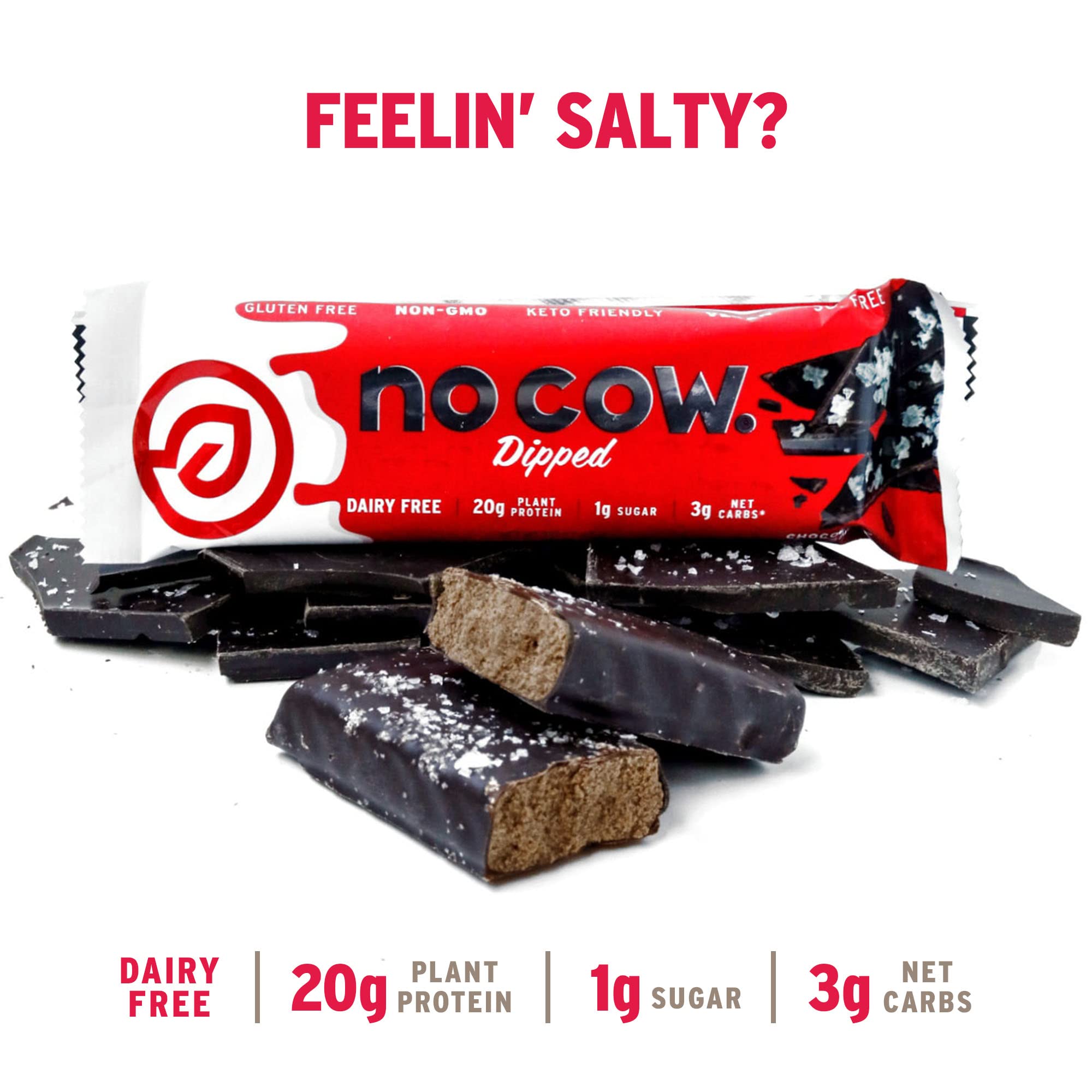 No Cow High Protein Bars, Chocolate Sea Salt - 20g Vegan Protein, Low Sugar, Keto Friendly, Dairy & Gluten Free, High Fiber Healthy Snacks (12 Count) - Perfect for Gym, Hiking & On-the-Go Nutrition