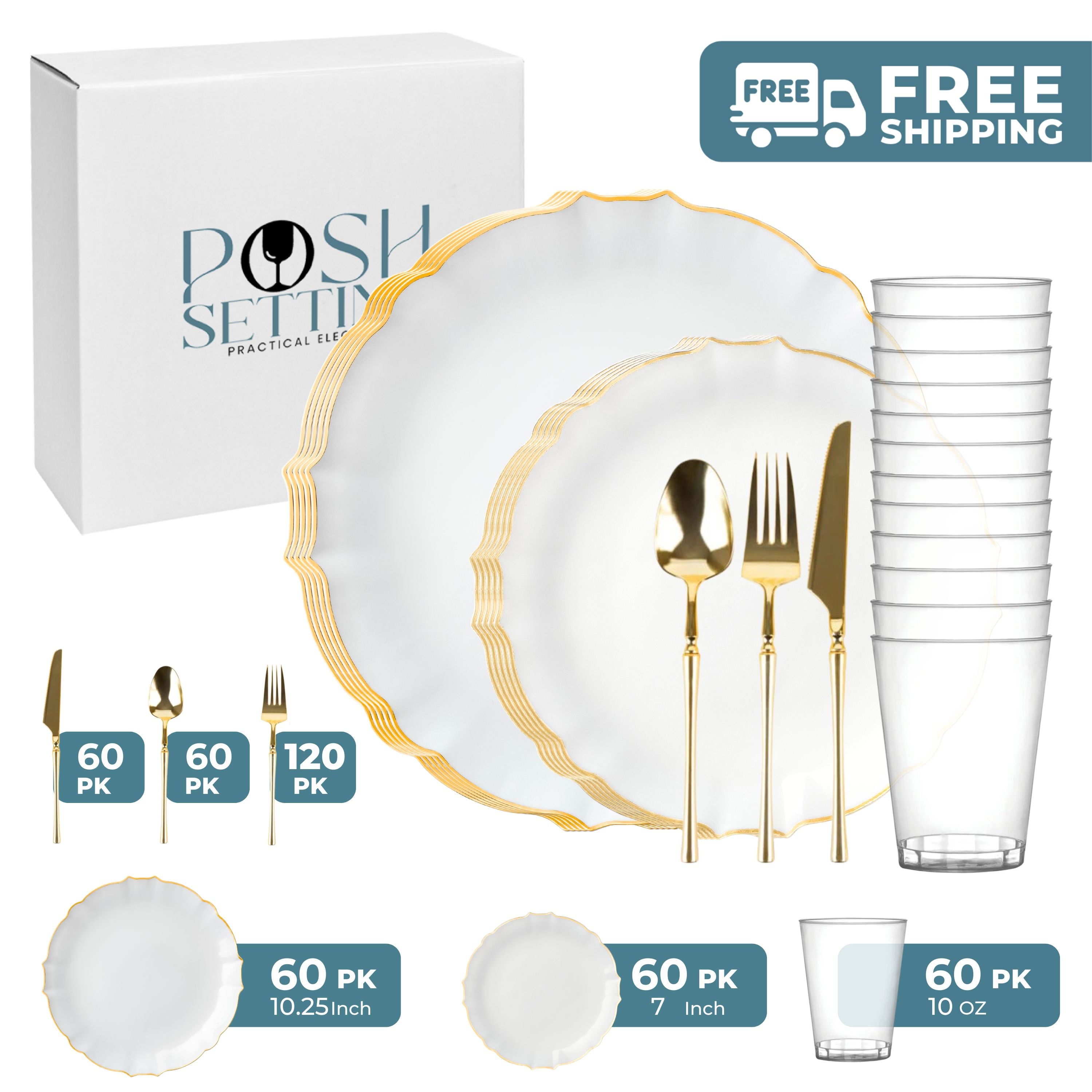 Luxury White & Gold Plastic Party Bundle - Elegant Disposable Tableware for Weddings, Birthdays & Celebrations | Perfect for Dinner Parties, Baby Showers & Special Events