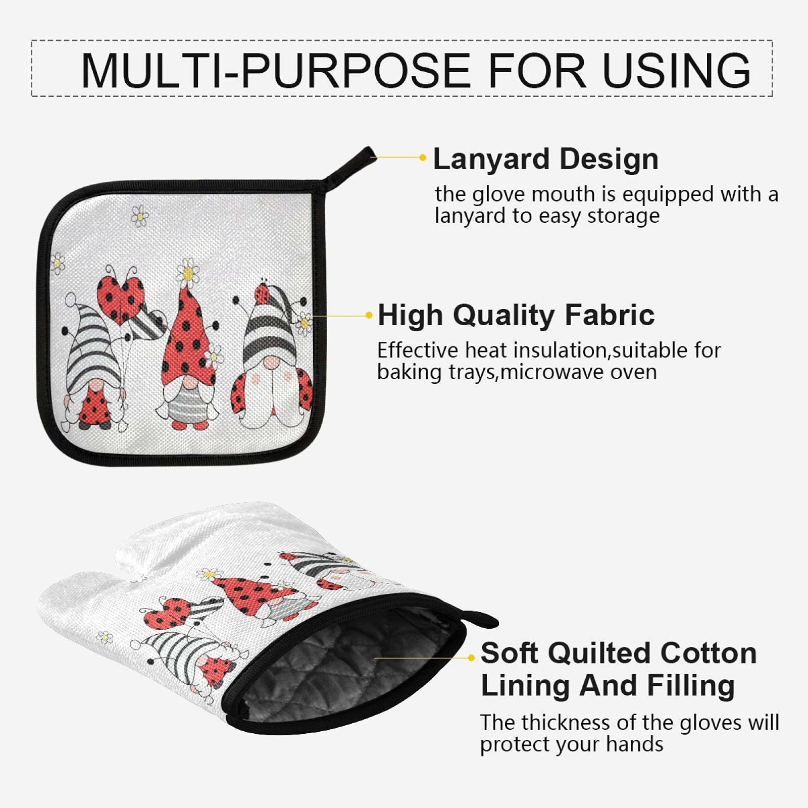 QUGRL Ladybug Gnomes Oven Mitts and Pot Holders Set - Heat Resistant Kitchen Gloves for Baking, Cooking & BBQ - Summer Garden Themed Hot Pads for Safe Cookware Handling