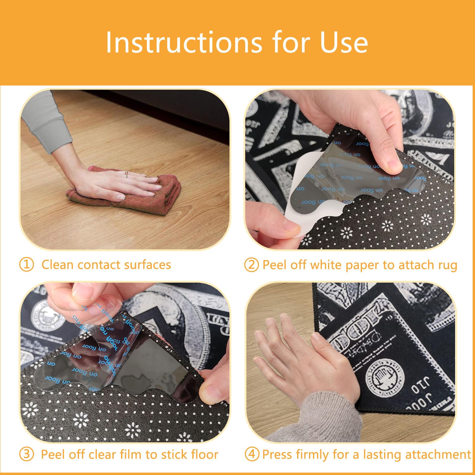 12-Pack Double Sided Carpet Tape - Non Slip Rug Gripper for Hardwood, Tile & Laminate Floors | Washable, Reusable & Traceless Rug Pad Grips | Perfect for Securing Rugs, Carpets & Area Rugs on Smooth Surfaces