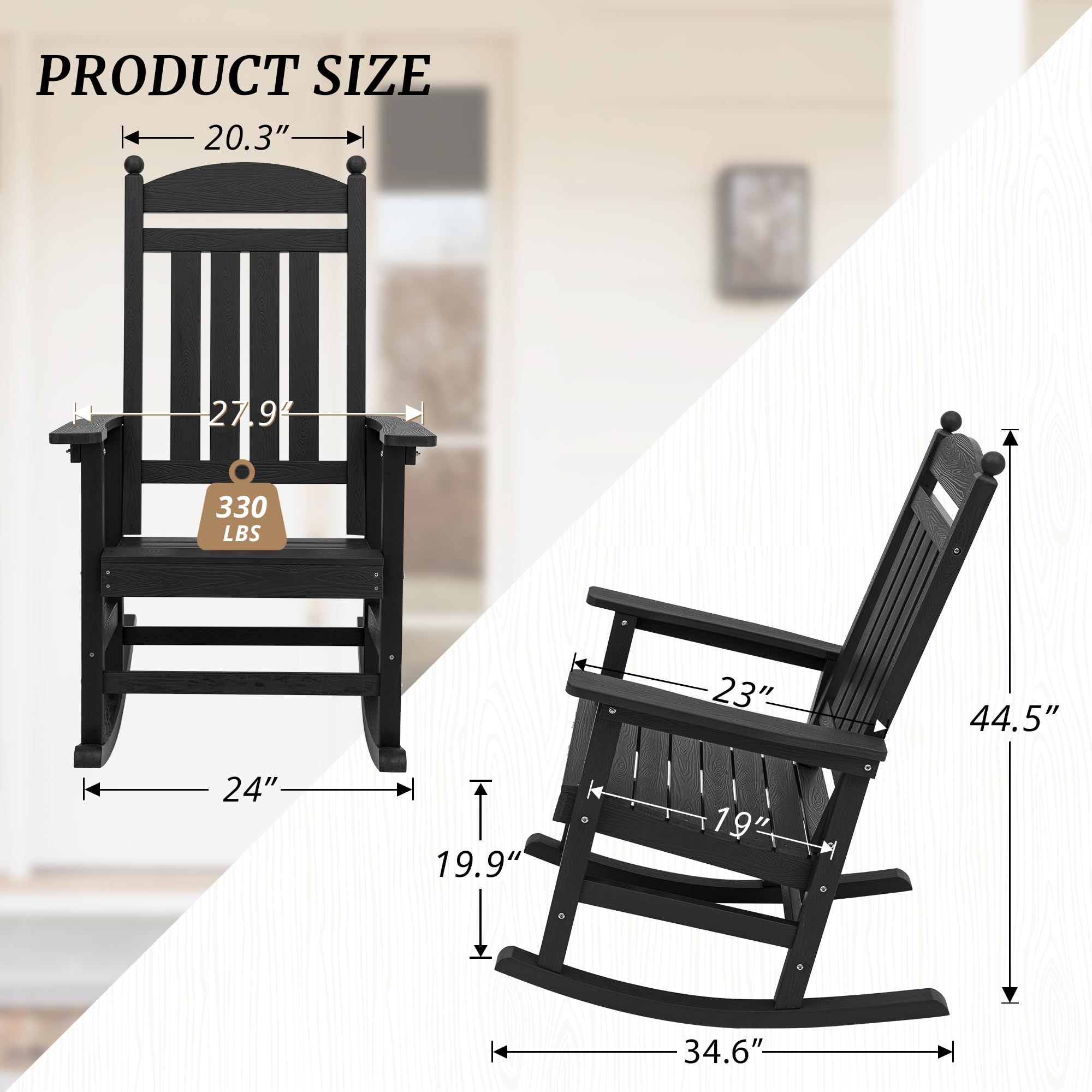 2-Pack All-Weather Outdoor Rocking Chairs - Heavy Duty 350Lbs Capacity HDPS Composite High-Back Porch Rockers for Patio, Garden, Backyard & Indoor Use - Perfect for Relaxing, Reading & Sunbathing (Black)