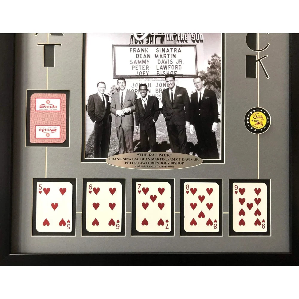 Rat Pack Vegas Collage with Authentic Sands Playing Cards - Framed Wall Art Photo | Perfect for Home Decor, Man Cave & Casino Themed Rooms