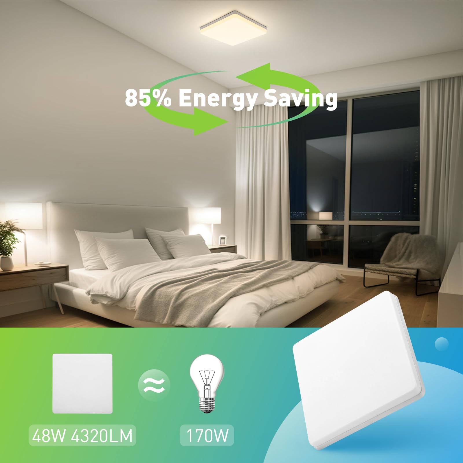 Ultra Slim 48W 4320LM LED Panel Light - Square Ceiling Downlight, Natural White 4000K, Quick Installation (30x30x4cm) - Perfect for Living Room, Bedroom, Kitchen, Hallway & Balcony Lighting