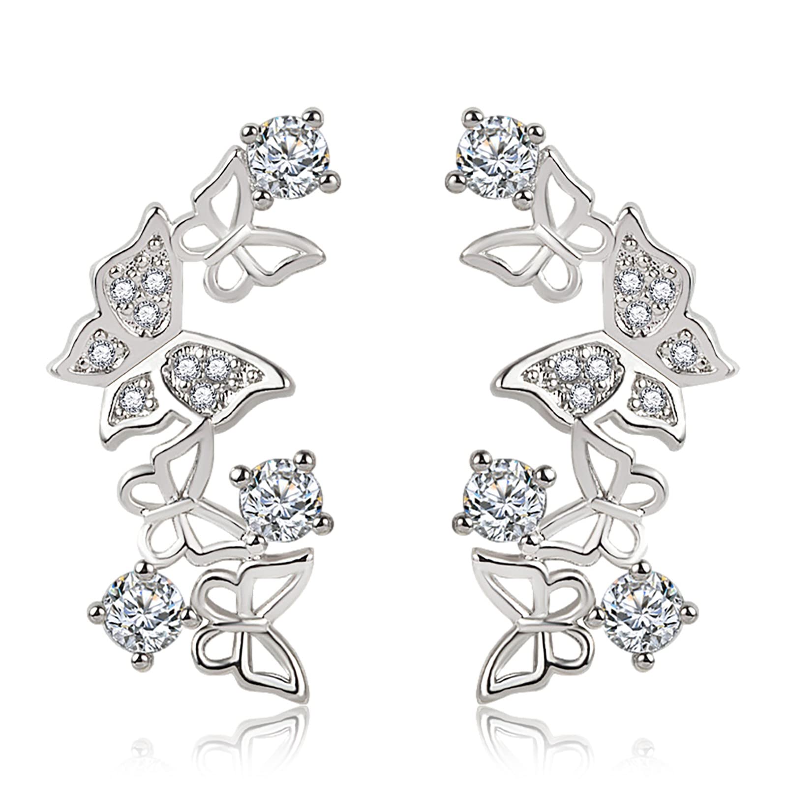 3D Silver Vine Crystal Ear Cuff Stud Earrings with Zirconia - Animal Inspired Wrap Climber Earrings for Valentine's Day Gifts | Perfect for Date Night, Party & Special Occasions