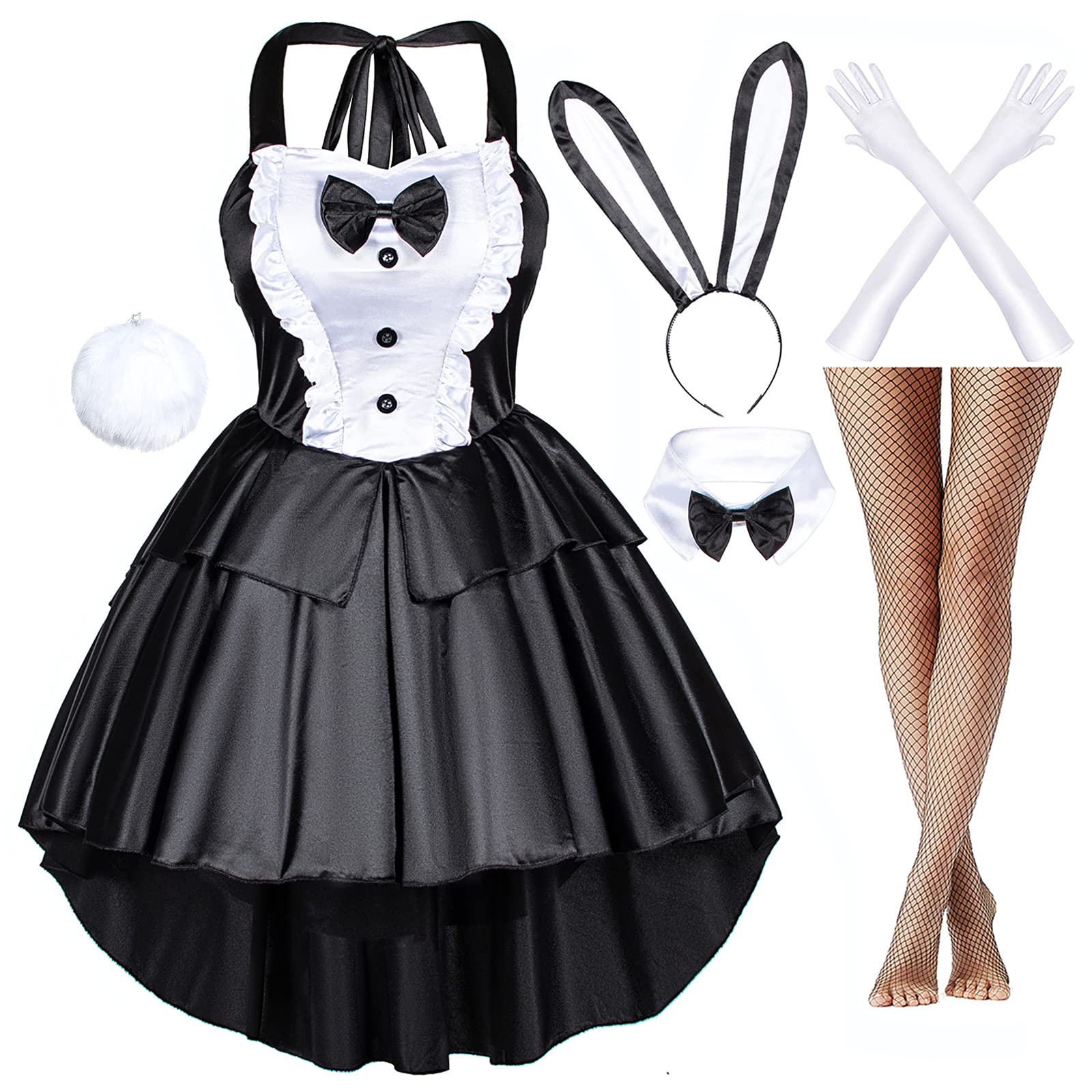 Elegant Black Bunny Costume for Girls - Tuxedo Style Dress with Ears, Tail, Stockings & Gloves - Perfect for Cosplay, Halloween, and Themed Parties
