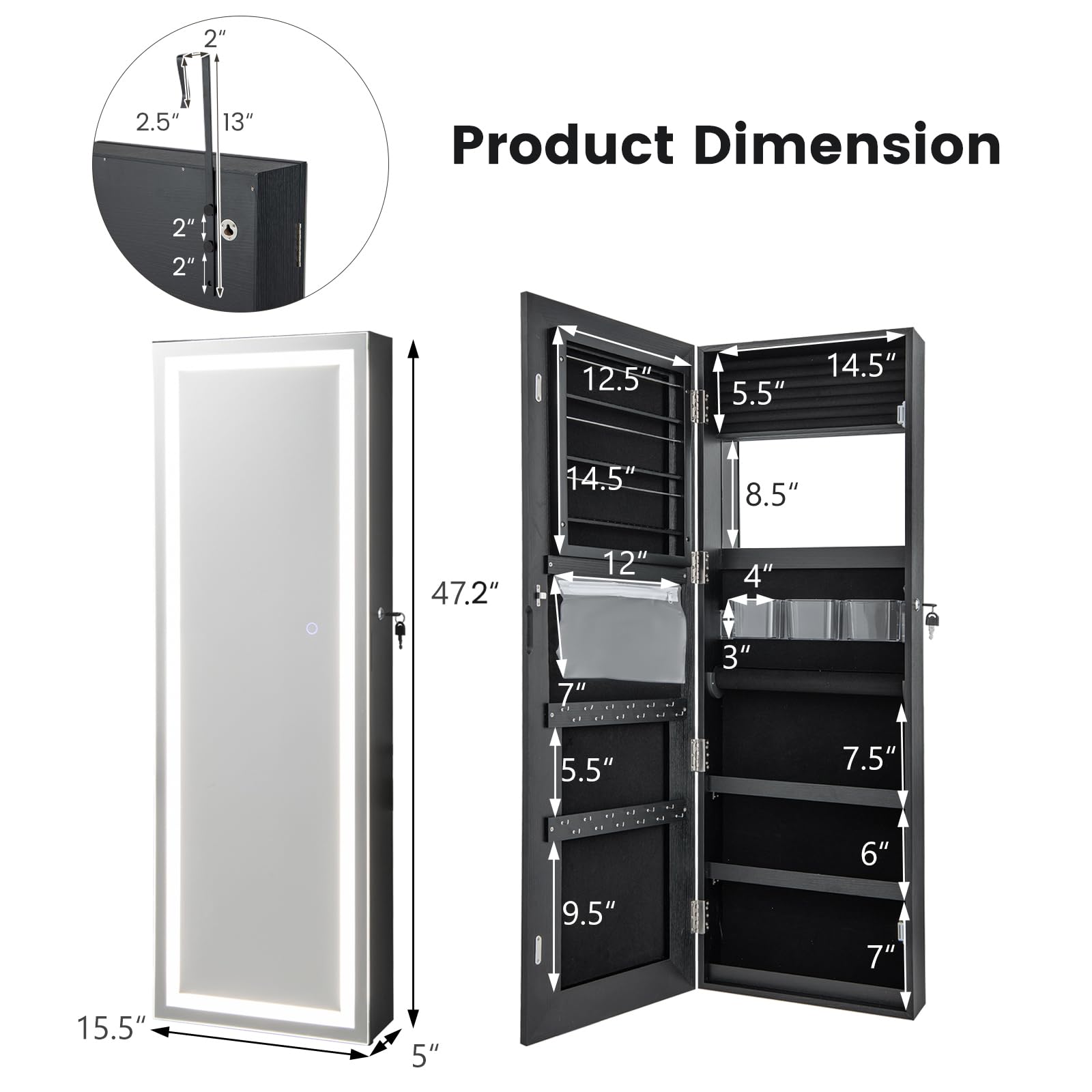 Giantex Black Jewelry Cabinet Armoire with Full Length Mirror - 47.2 Inch Wall Mounted, Lockable, Touch Screen Lighted with 3 Settings, Inside Makeup Mirror & Jewelry Storage Organizer | Perfect for Bedroom, Closet, Dressing Room & Vanity Area