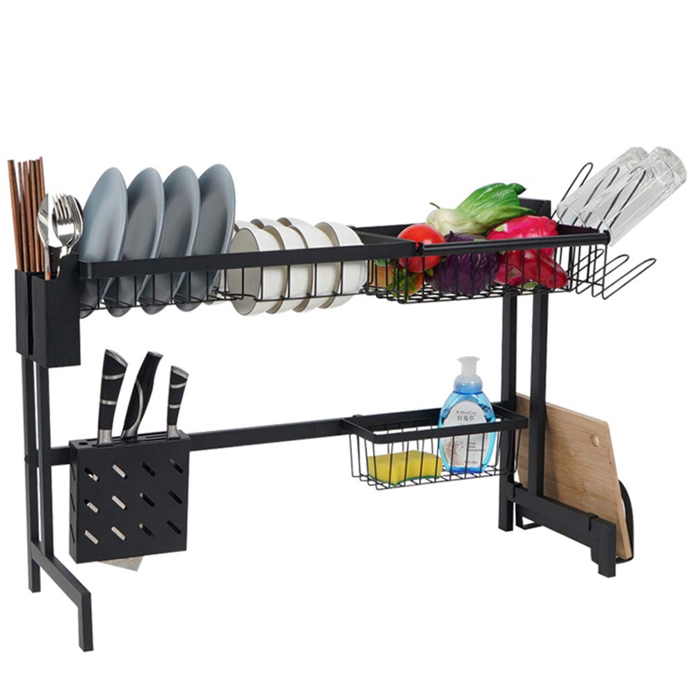Stainless Steel Over the Sink Dish Drying Rack with Utensil Holder & Hooks - Space Saving Kitchen Countertop Organizer for Dishes, Cups & Paper Towels - Perfect for Small Apartments & Compact Kitchens