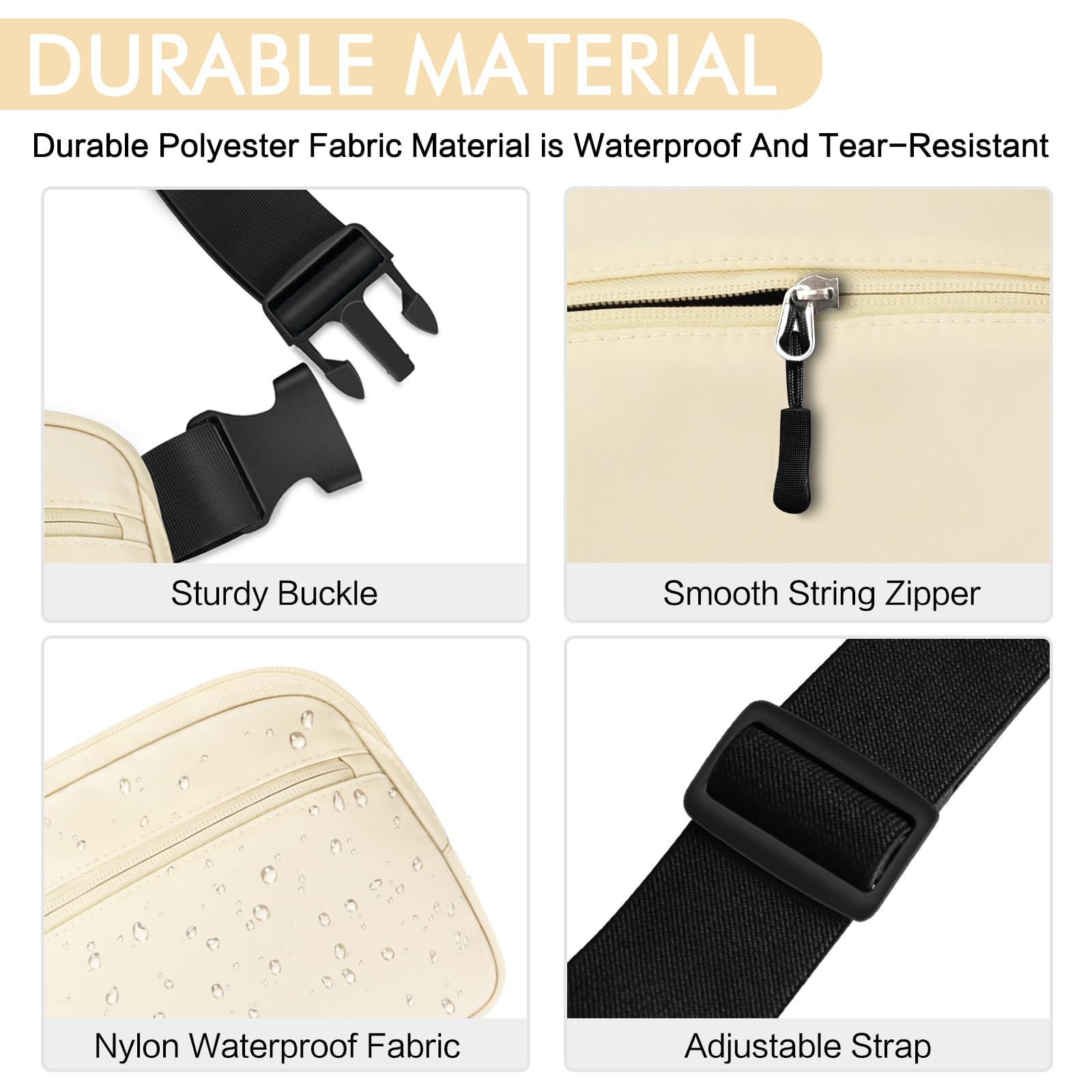 TORRYZA 2L Cross Body Fanny Pack for Women & Men - Adjustable Strap, Lightweight Waist Bag for Walking, Workout, Travel & Outdoor Activities - Perfect for Gym, Hiking, Running Errands & Casual Use (Beige)