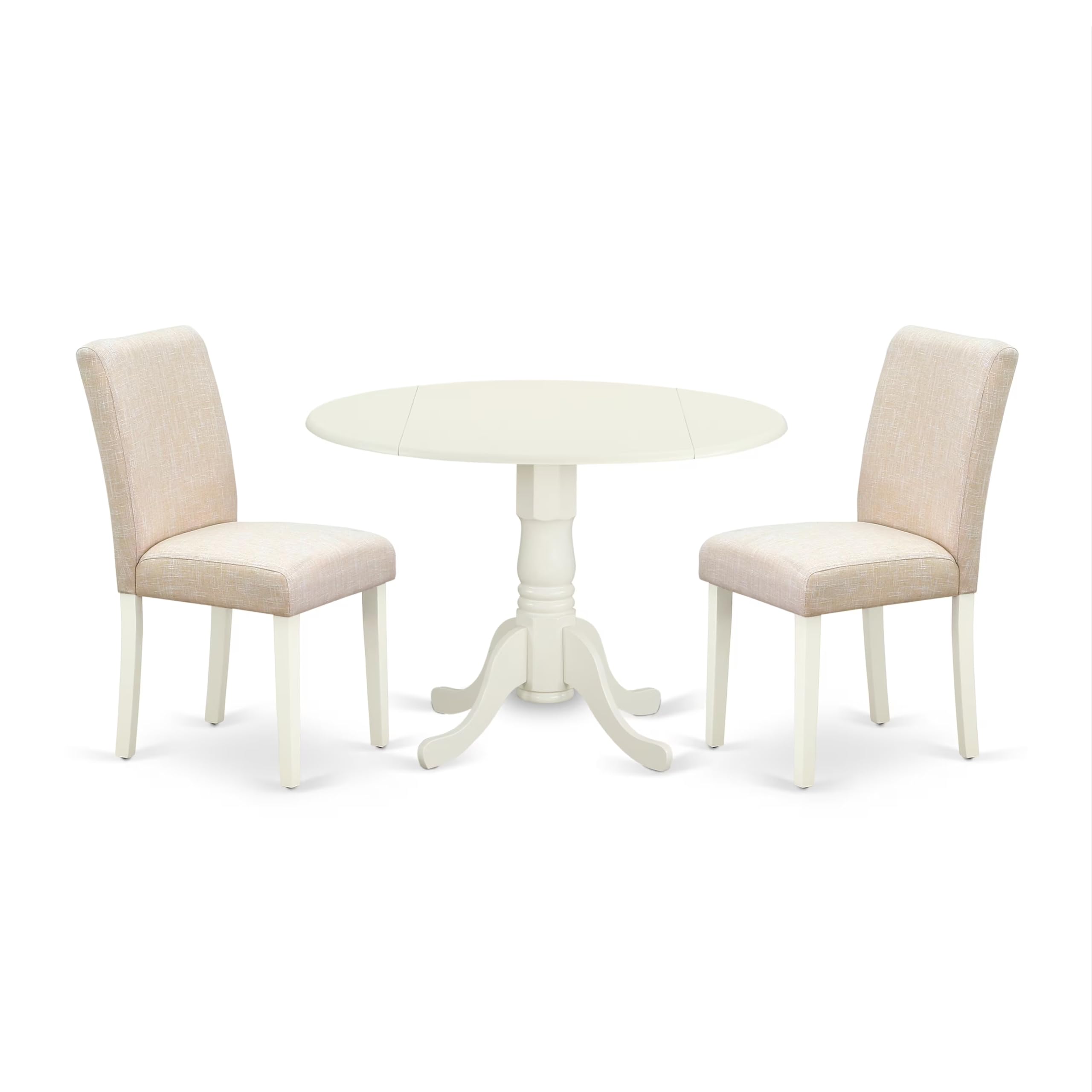 Modern 3-Piece Dining Table Set with Round Wooden Dropleaf Table & 2 Light Beige Linen Chairs - 42x42 Inch, Linen White | East West Furniture DLAB3-LWH-02 | Perfect for Small Spaces, Breakfast Nooks & Cozy Apartments