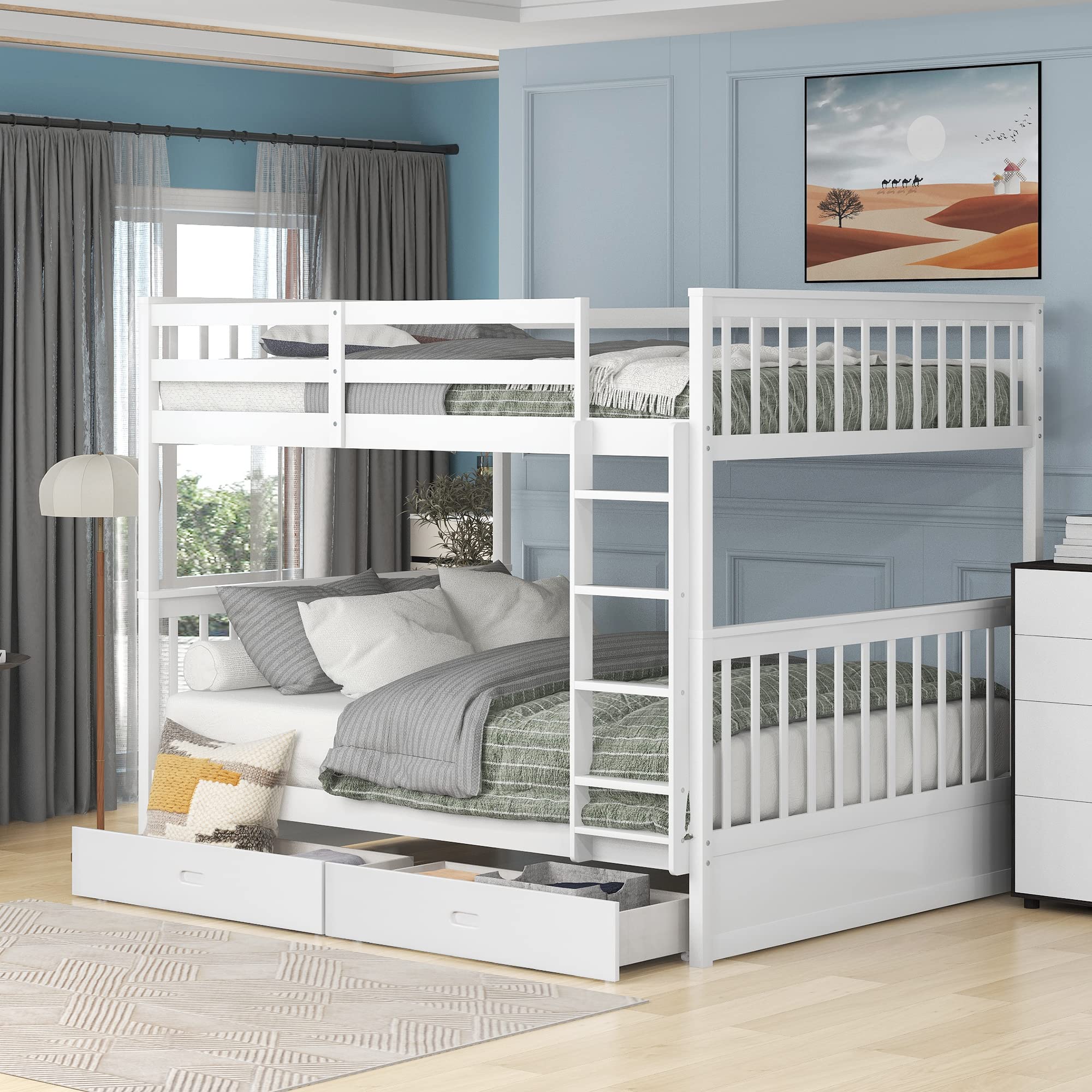 Harper & Bright Designs Full Bunk Beds with Storage Drawers - Solid Wood Detachable Full Over Full Bunk Bed Frame with Ladders & Safety Rail for Kids, Teens, Adults (White) - Perfect for Small Bedrooms, Guest Rooms & Vacation Homes