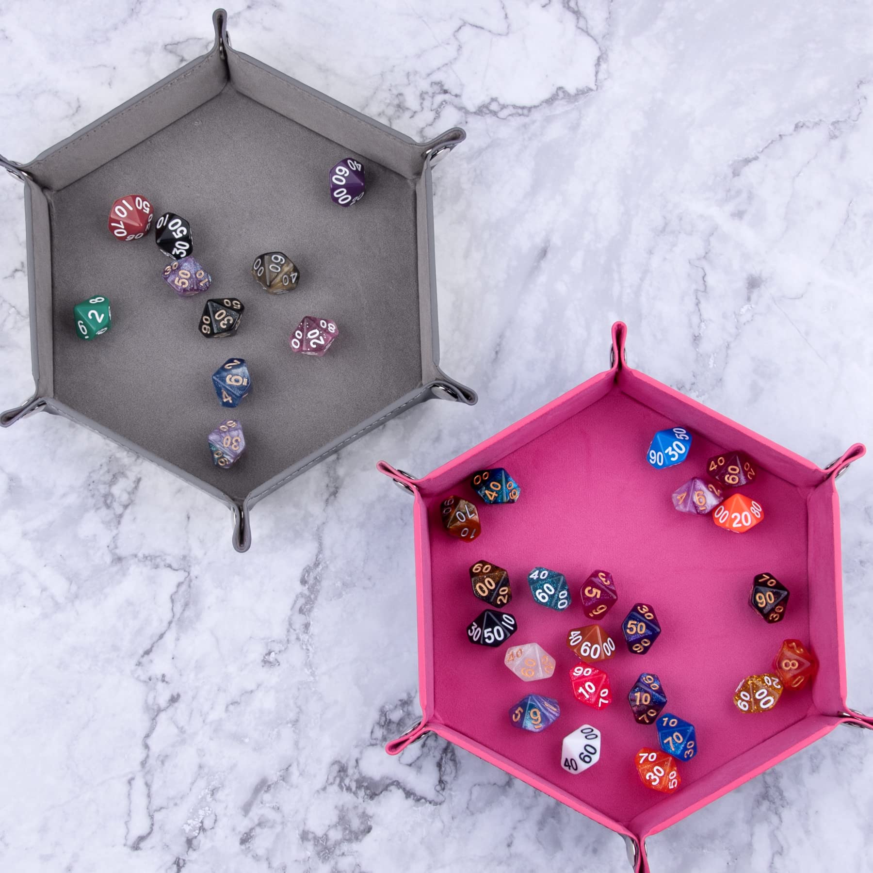 SIQUK 2-Piece PU Leather Hexagon Dice Tray Set - Portable Folding Dice Holder for RPG, DND, MTG & Tabletop Gaming - Perfect for Game Nights & Travel (Pink & Gray)