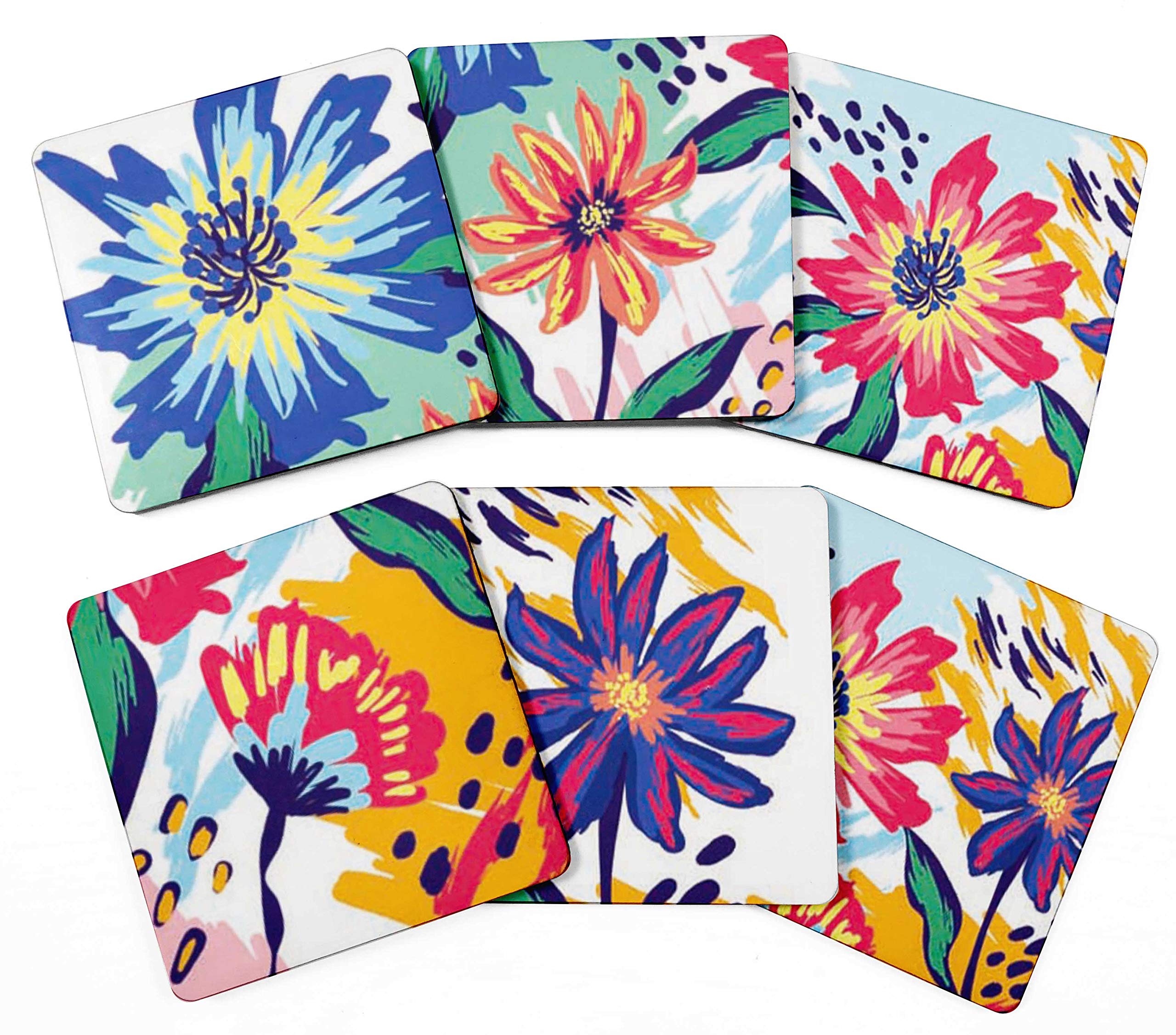 Set of 6 Floral Printed 4-inch Square Drink Coasters - Non-Slip Cork Base, Easy to Clean - Perfect for Dining Table, Coffee Table, and Home Decor